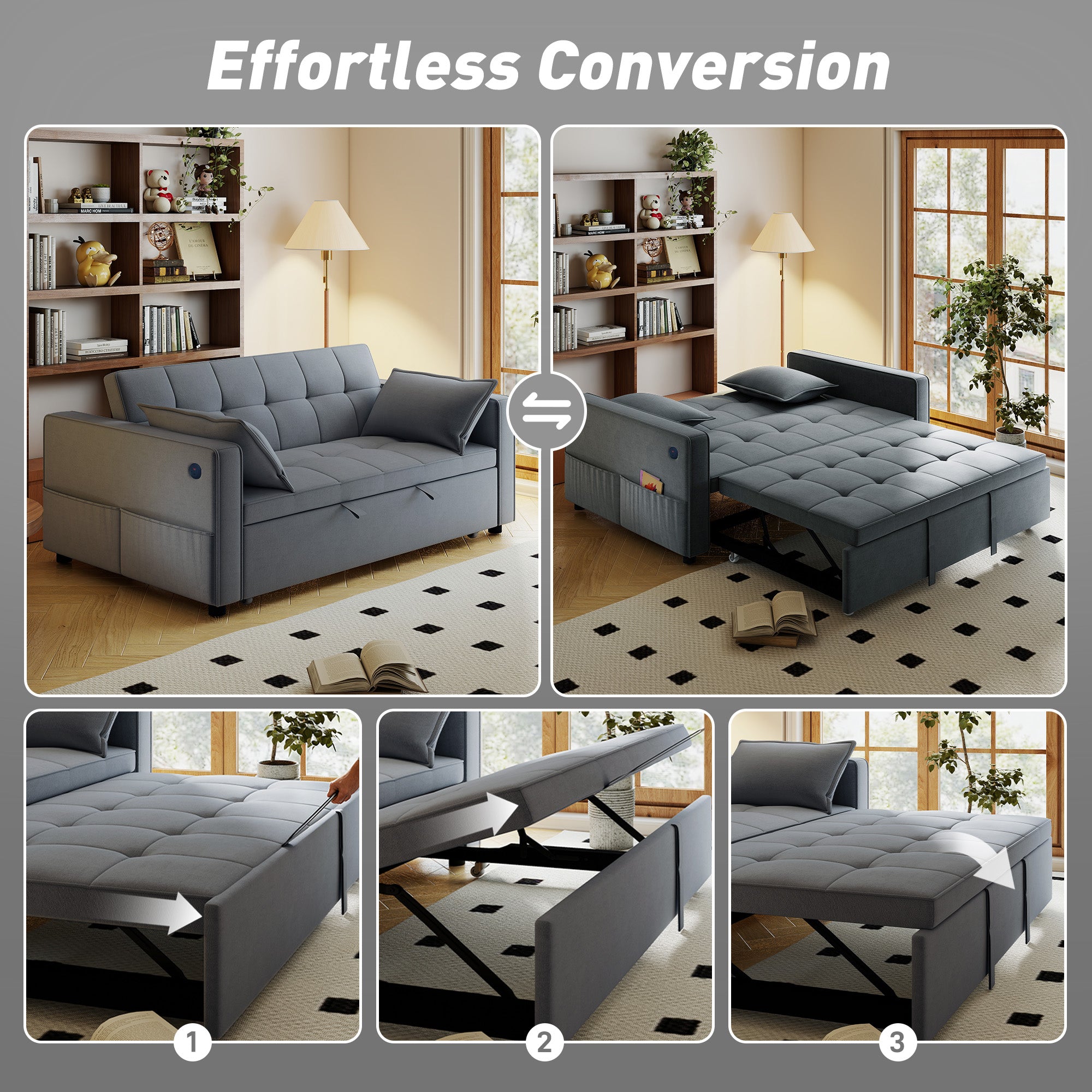 3-in-1 Convertible Sleeper Sofa Bed with USB Ports - Dark Grey-Home Furnishings > Living Room Furniture > Sofas & Reclining Chairs > 2-Seater Sofas-DECOROLALA
