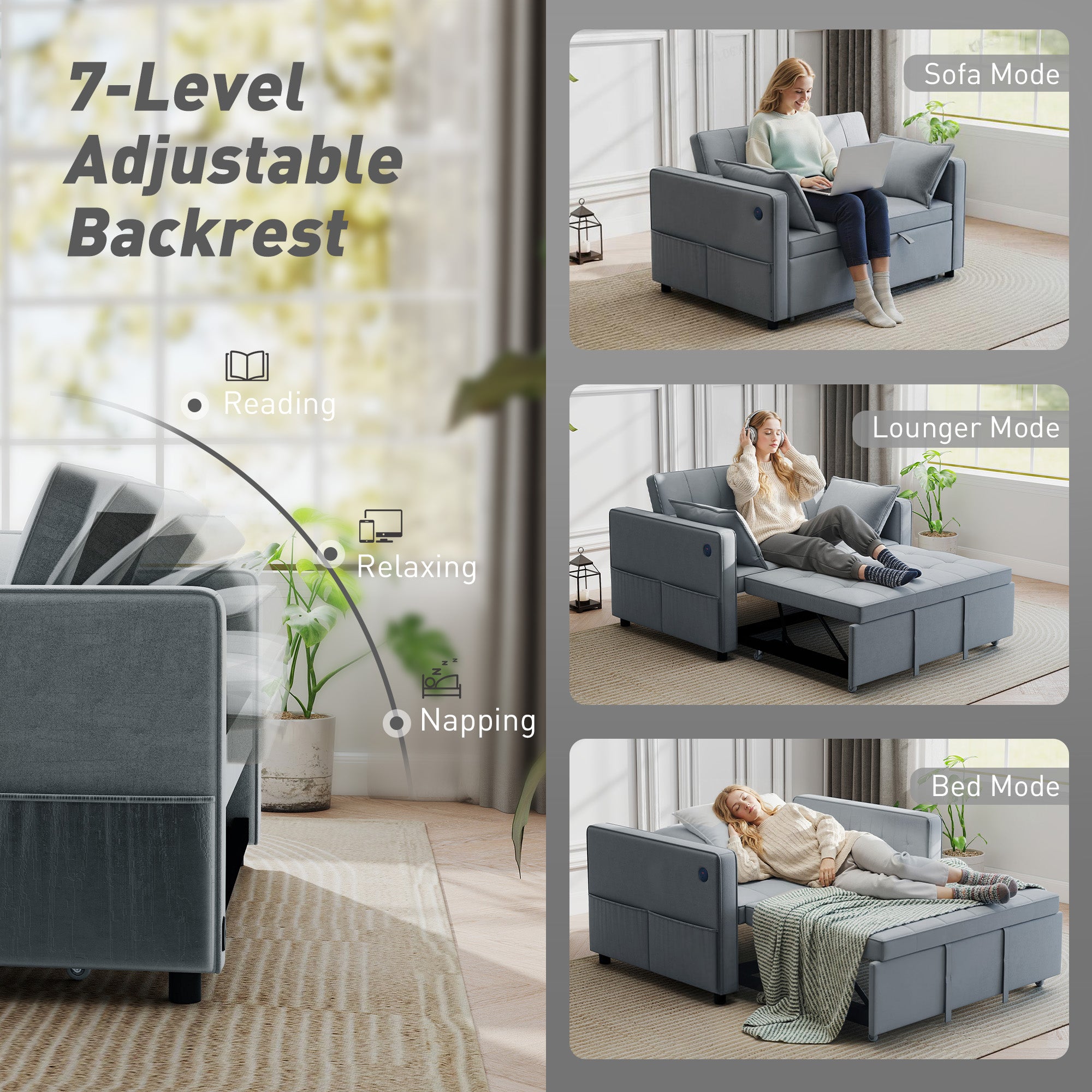 3-in-1 Convertible Sleeper Sofa Bed with USB Ports - Dark Grey-Home Furnishings > Living Room Furniture > Sofas & Reclining Chairs > 2-Seater Sofas-DECOROLALA