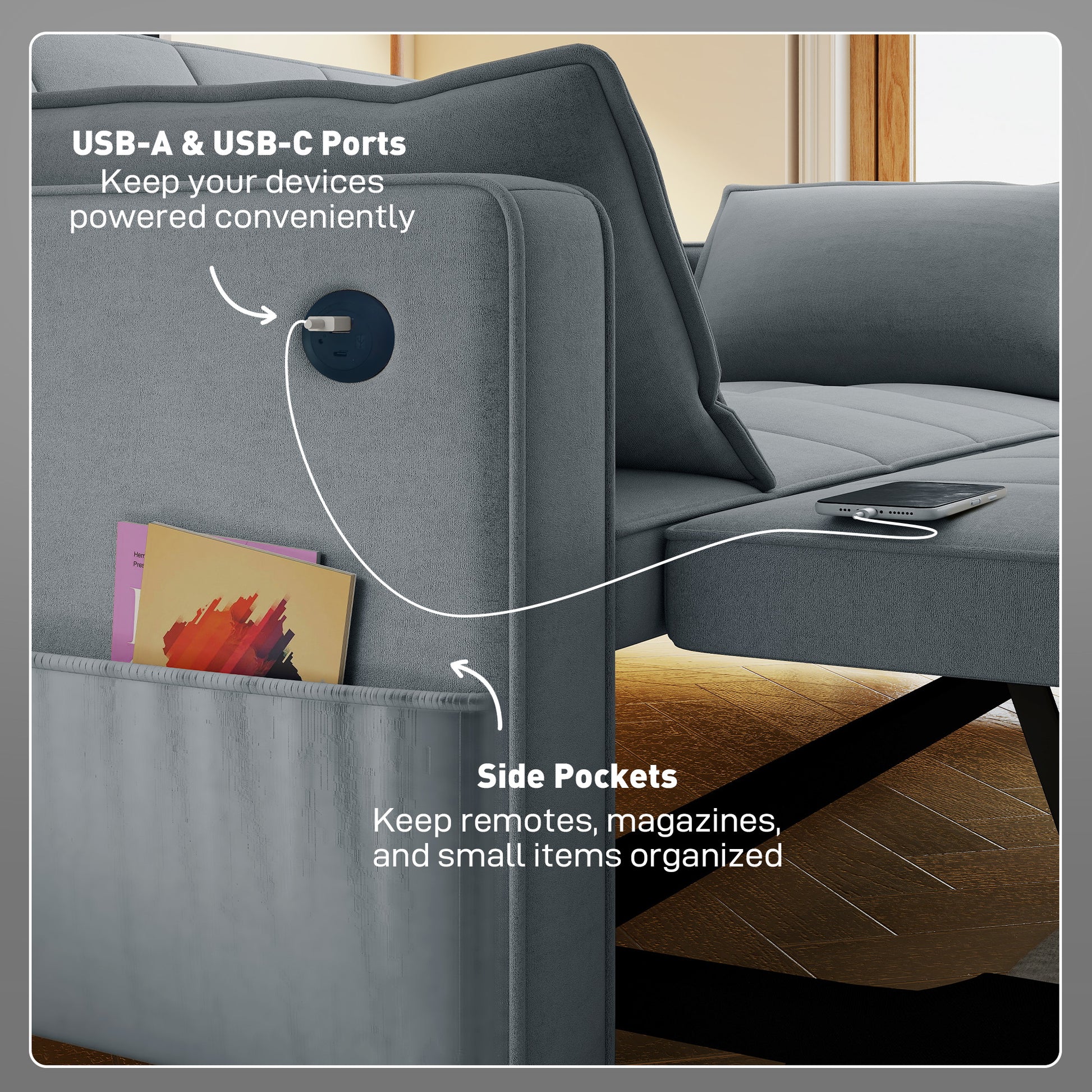 3-in-1 Convertible Sleeper Sofa Bed with USB Ports - Dark Grey-Home Furnishings > Living Room Furniture > Sofas & Reclining Chairs > 2-Seater Sofas-DECOROLALA