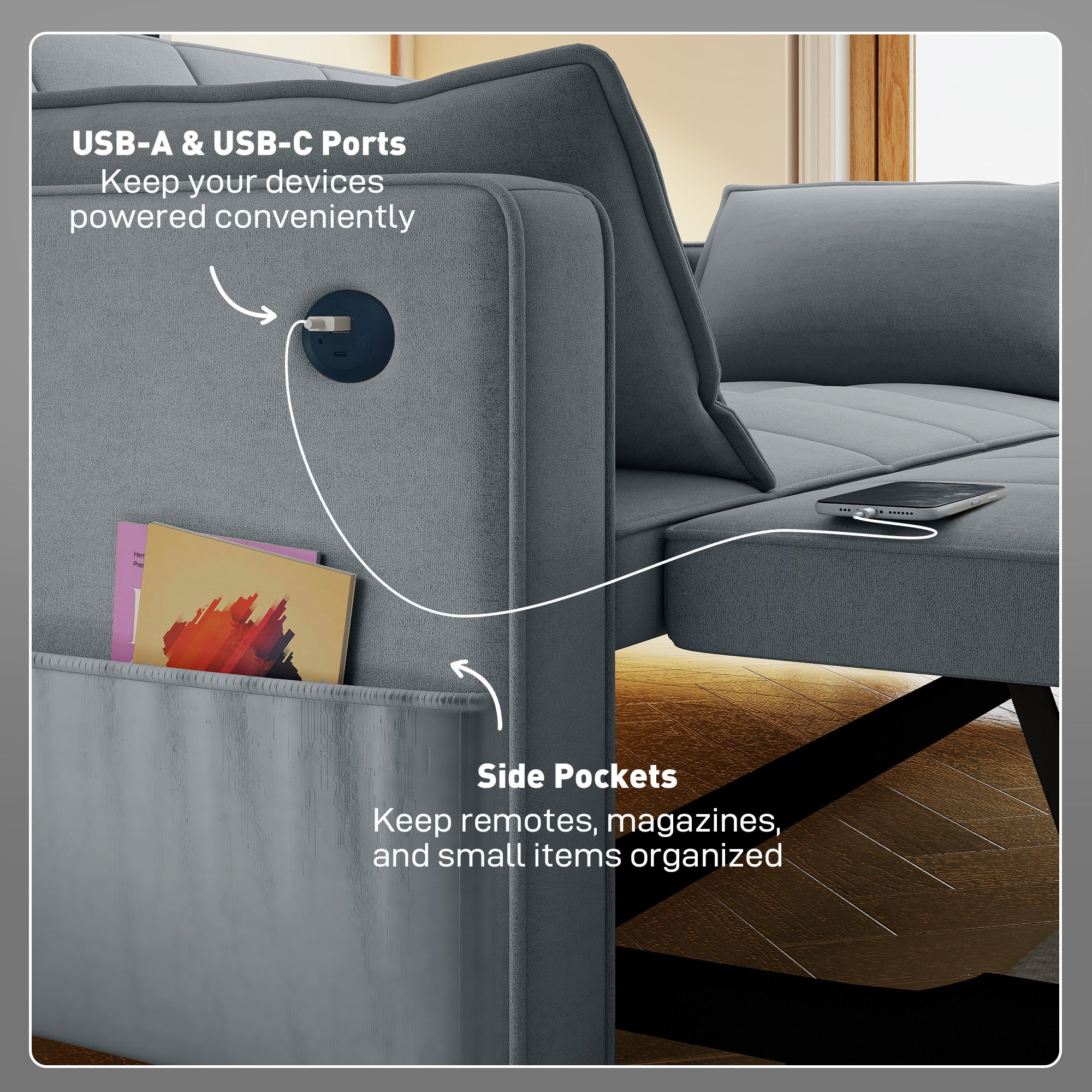 3-in-1 Convertible Sleeper Sofa Bed with USB Ports - Dark Grey-Home Furnishings > Living Room Furniture > Sofas & Reclining Chairs > 2-Seater Sofas-DECOROLALA