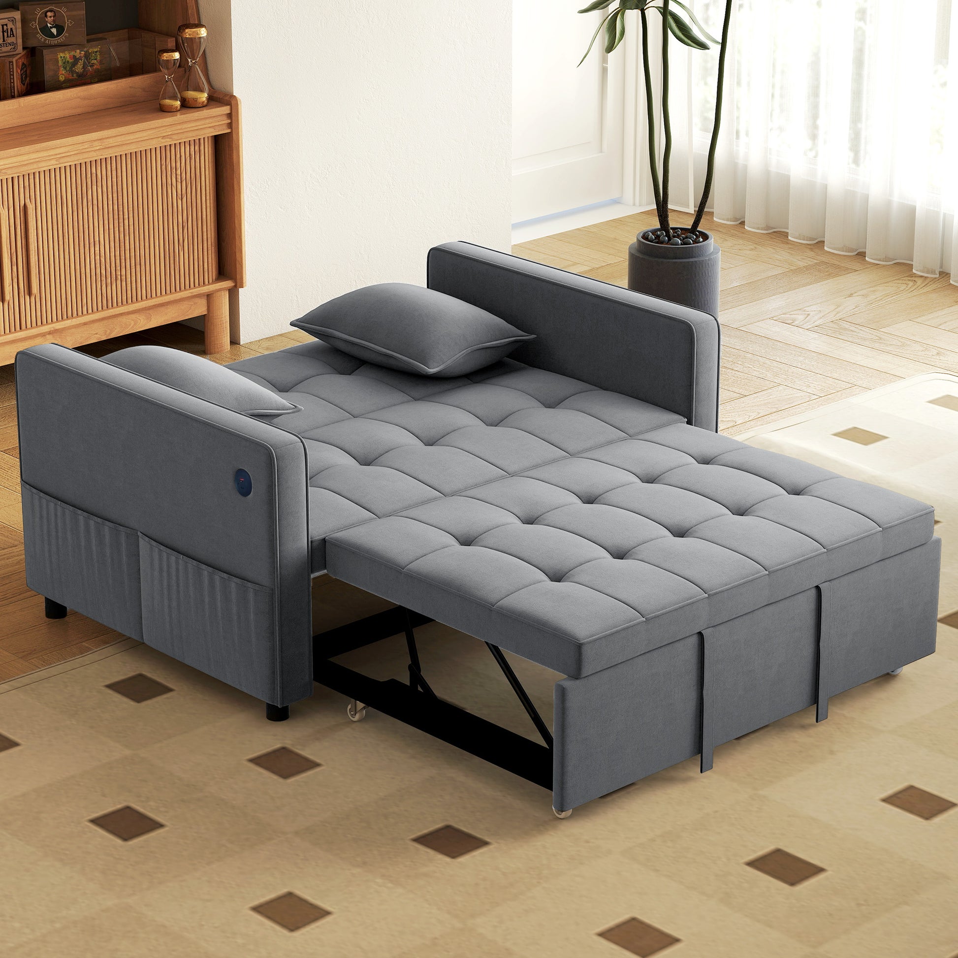 3-in-1 Convertible Sleeper Sofa Bed with USB Ports - Dark Grey-Home Furnishings > Living Room Furniture > Sofas & Reclining Chairs > 2-Seater Sofas-DECOROLALA