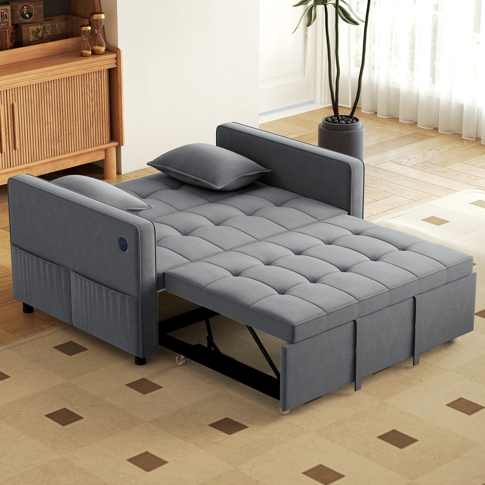 3-in-1 Convertible Sleeper Sofa Bed with USB Ports - Dark Grey-Home Furnishings > Living Room Furniture > Sofas & Reclining Chairs > 2-Seater Sofas-DECOROLALA