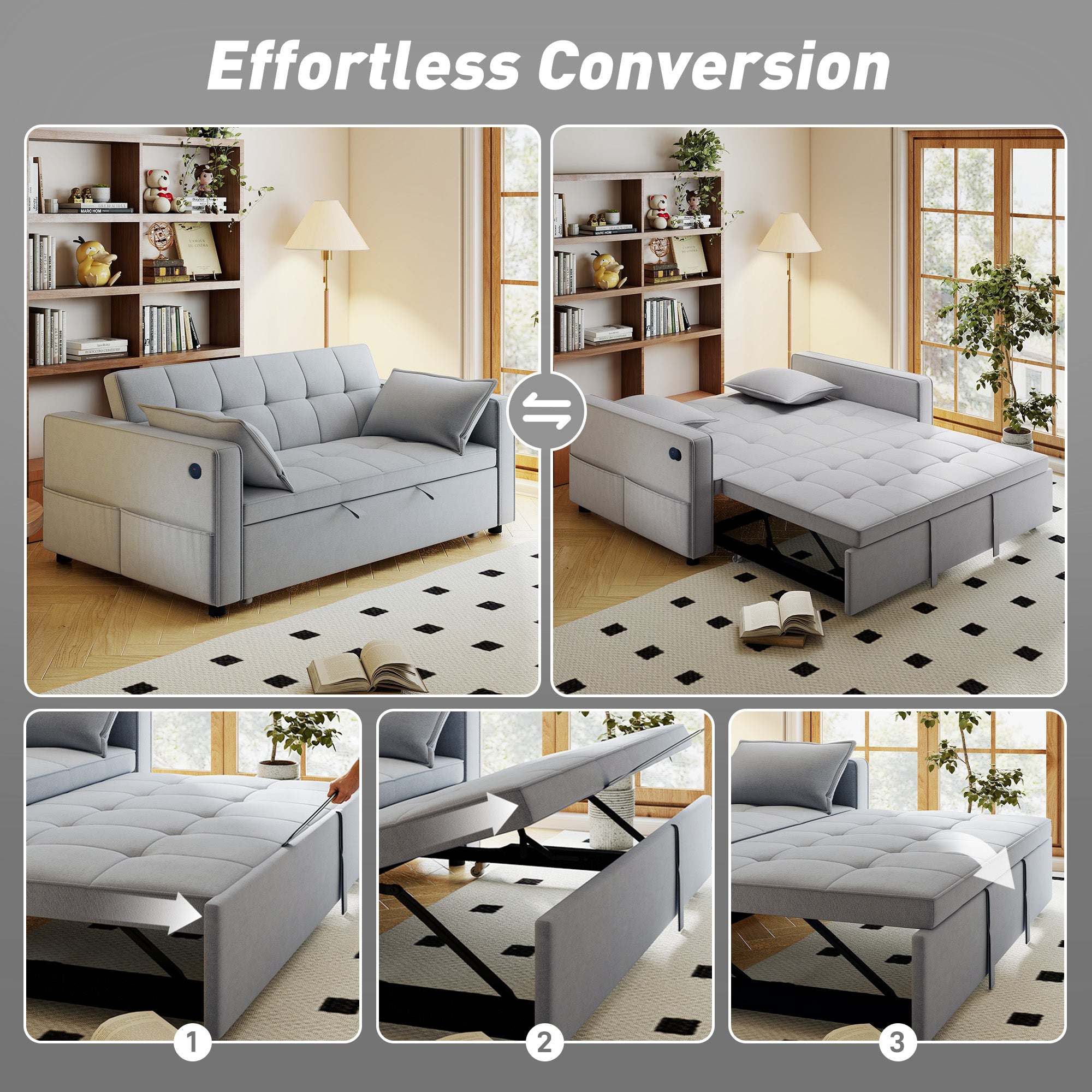 3-in-1 Convertible Sofa Bed - Dark Grey Pull Out-DECOROLALA