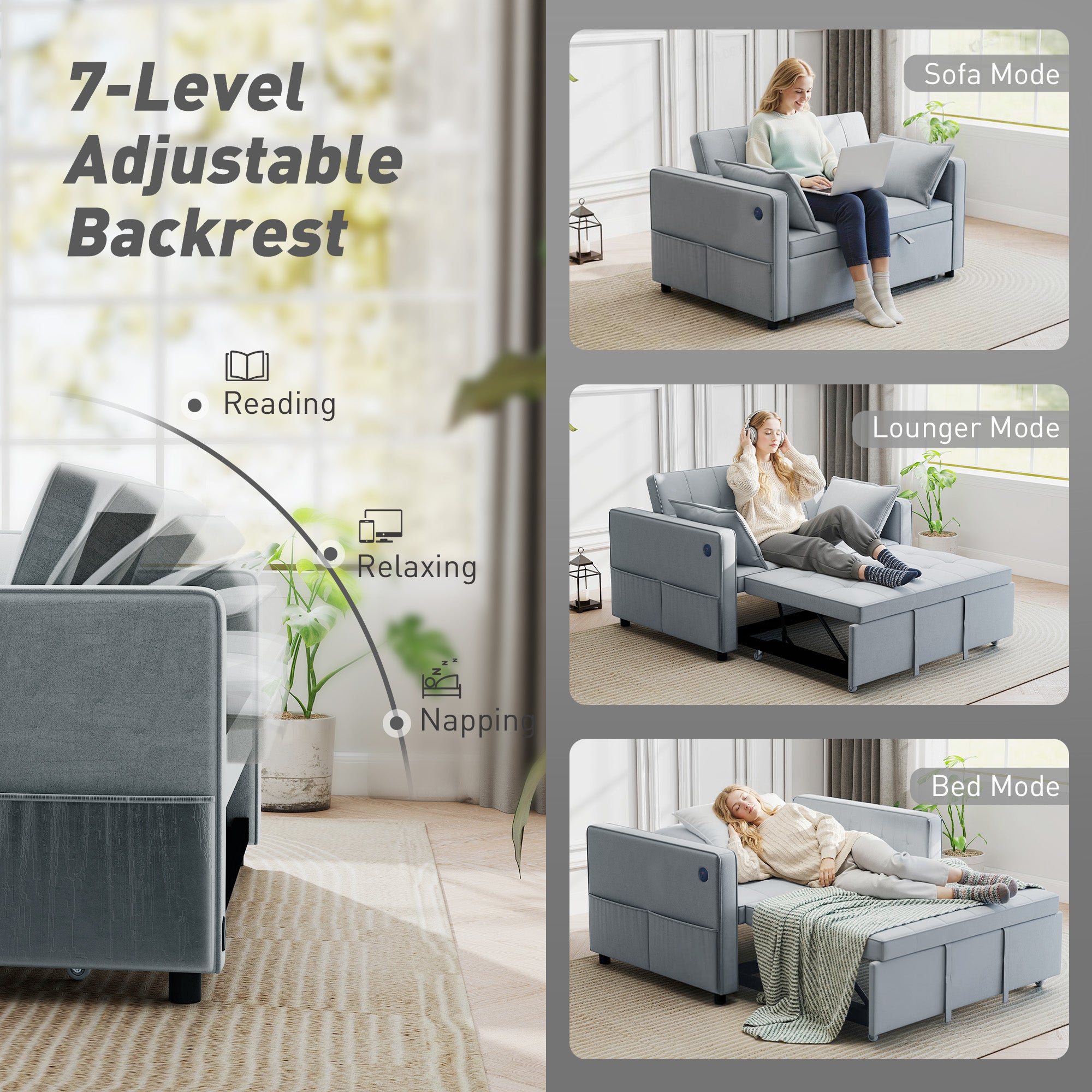 3-in-1 Convertible Sofa Bed - Dark Grey Pull Out-DECOROLALA