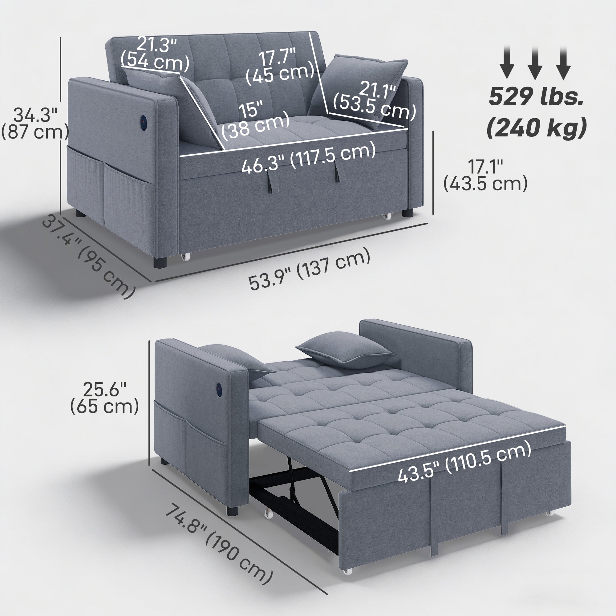 3-in-1 Convertible Sofa Bed - Dark Grey Pull Out-DECOROLALA