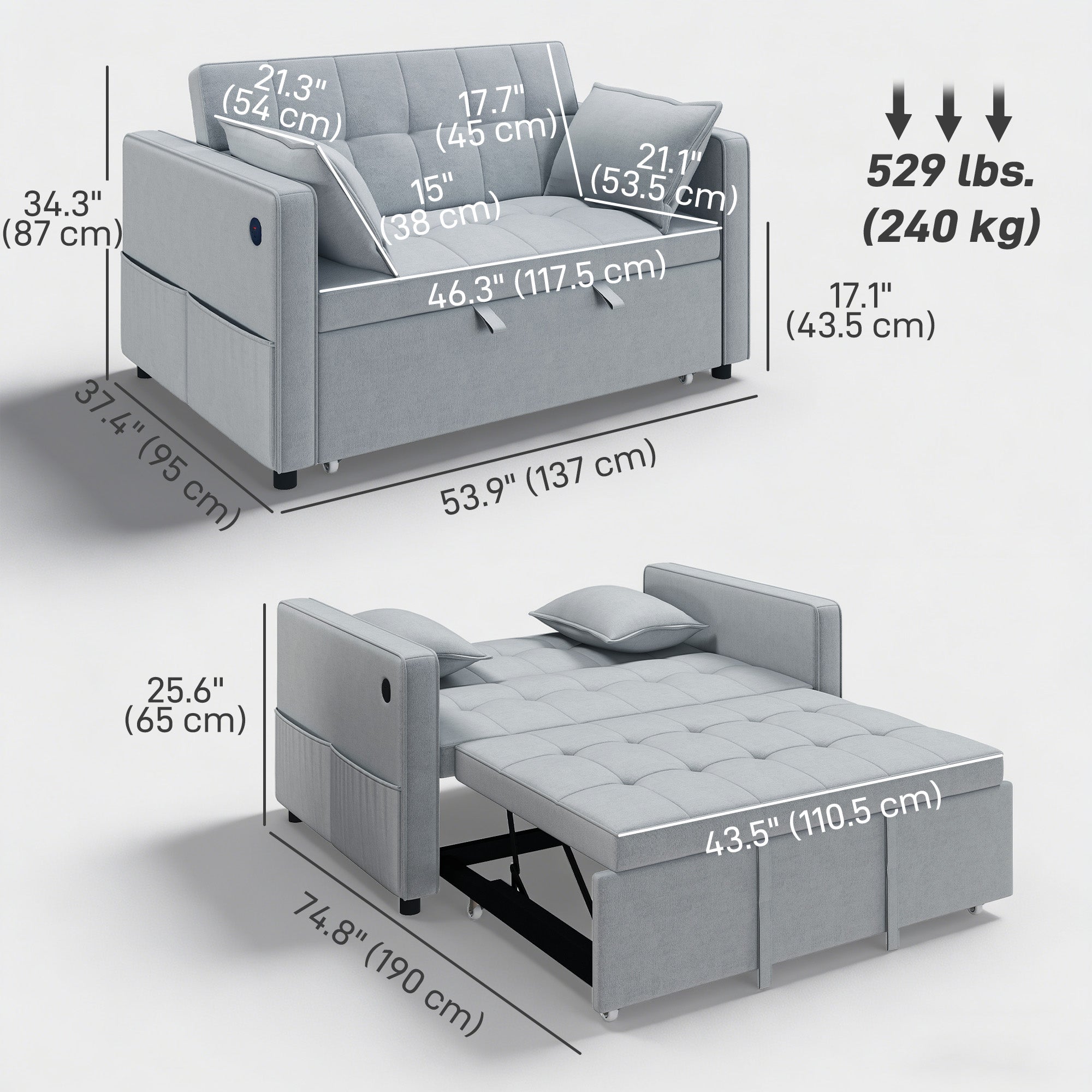 3-in-1 Convertible Sofa Bed - Dark Grey Pull Out-DECOROLALA
