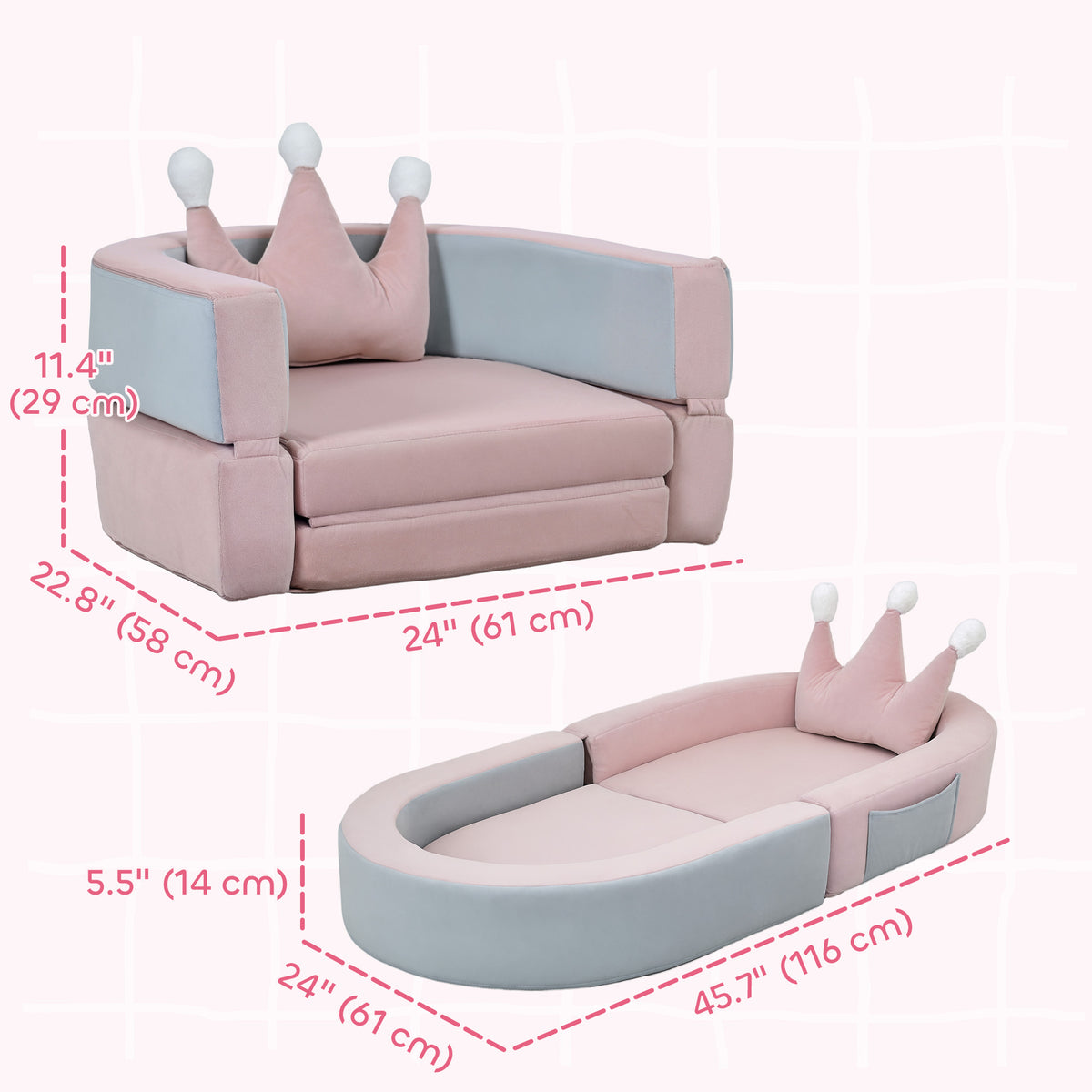 3-in-1 Convertible Climbing Toys for Toddlers with Crown Cushion, Fold Out Toddler Couch to Lounger & Play Area, Pink-Toys & Games > Baby & Toddler Toys > Kids Gym & Playmats-DECOROLALA