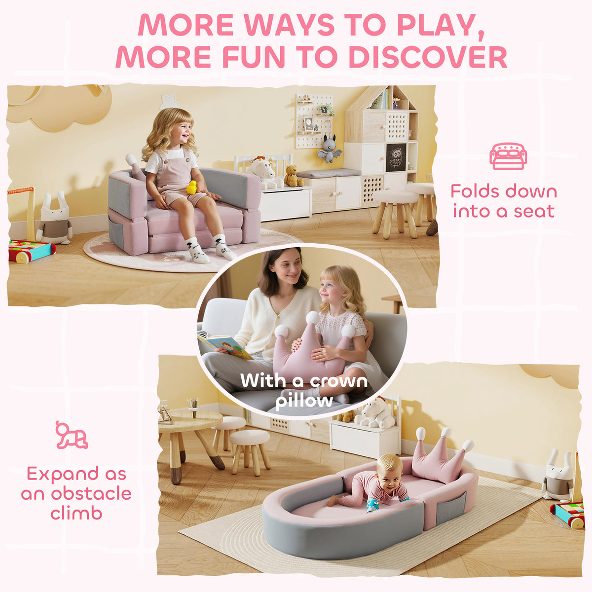 3-in-1 Convertible Climbing Toys for Toddlers with Crown Cushion, Fold Out Toddler Couch to Lounger & Play Area, Pink-Toys & Games > Baby & Toddler Toys > Kids Gym & Playmats-DECOROLALA