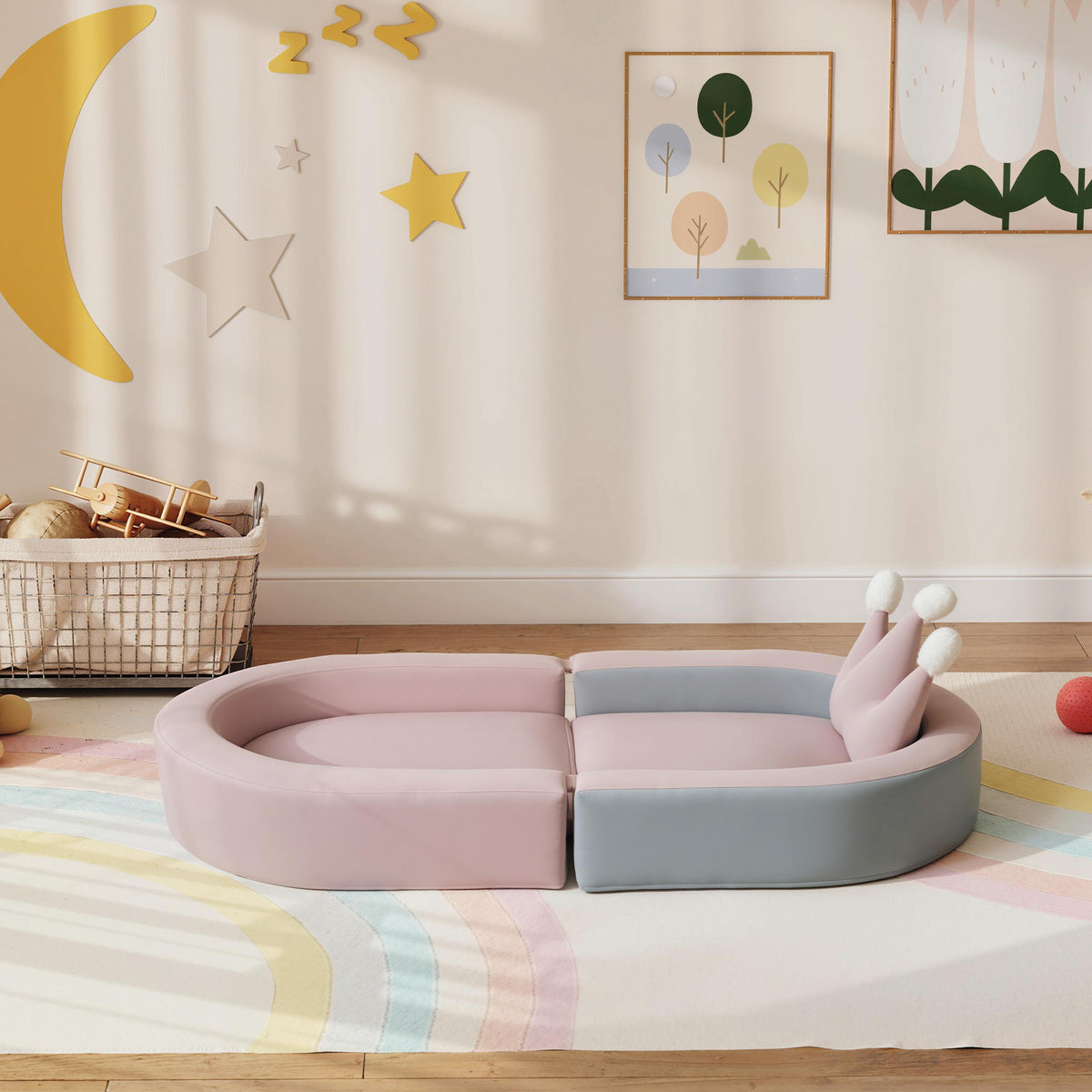 3-in-1 Convertible Climbing Toys for Toddlers with Crown Cushion, Fold Out Toddler Couch to Lounger & Play Area, Pink-Toys & Games > Baby & Toddler Toys > Kids Gym & Playmats-DECOROLALA