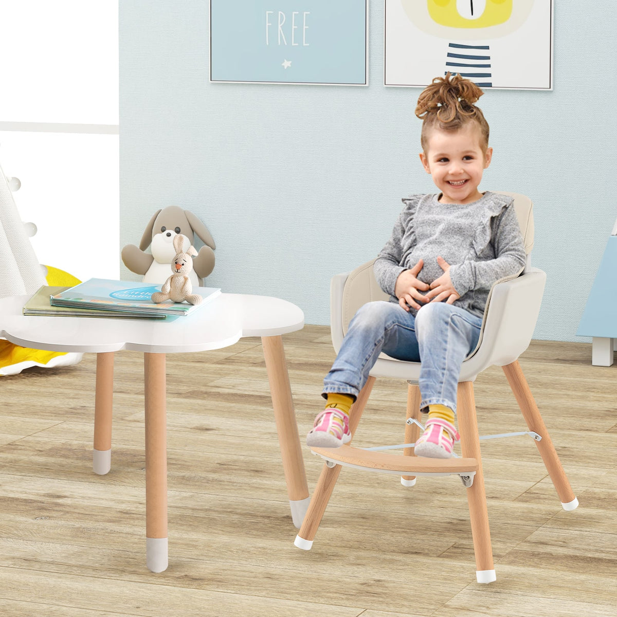 3-in-1 Convertible Wooden High Chair with Cushion-Beige-High Chairs-DECOROLALA