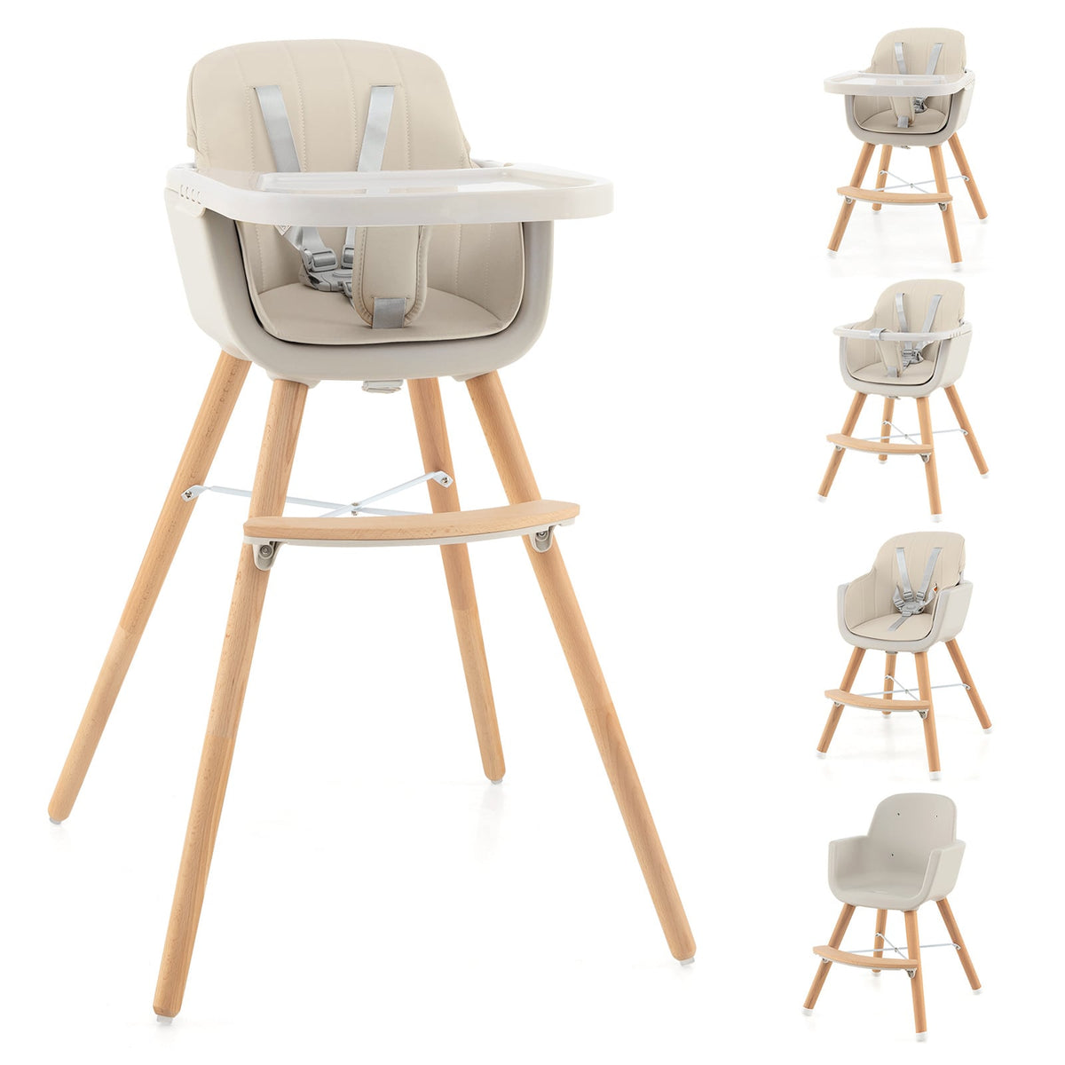 3-in-1 Convertible Wooden High Chair with Cushion-Beige-High Chairs-DECOROLALA