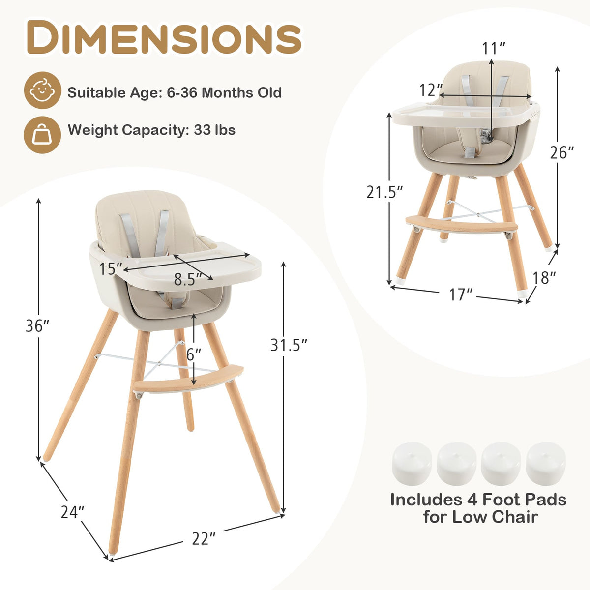 3-in-1 Convertible Wooden High Chair with Cushion-Beige-High Chairs-DECOROLALA