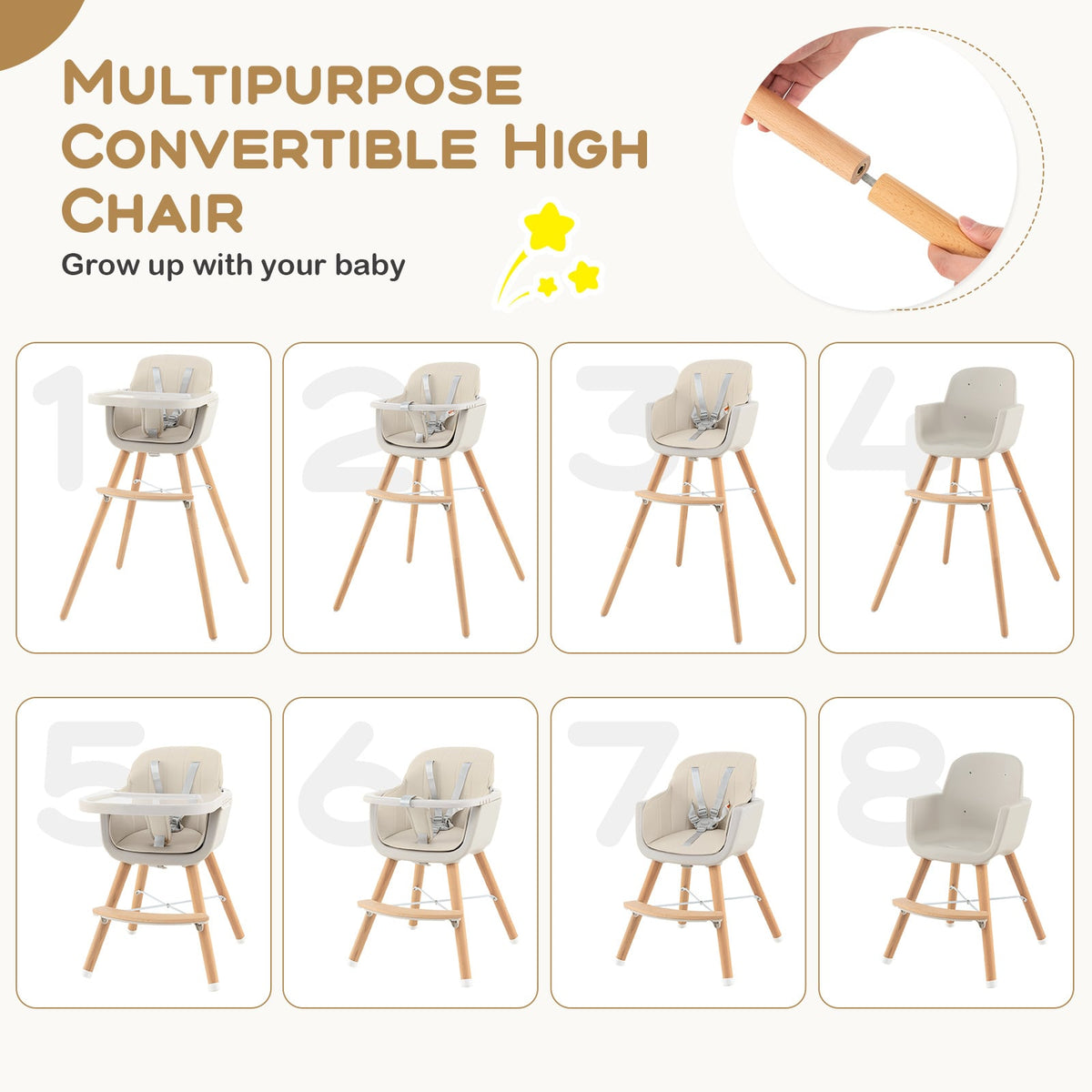 3-in-1 Convertible Wooden High Chair with Cushion-Beige-High Chairs-DECOROLALA