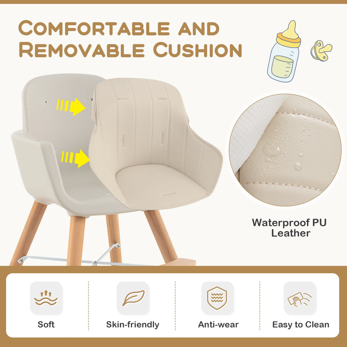 3-in-1 Convertible Wooden High Chair with Cushion-Beige-High Chairs-DECOROLALA