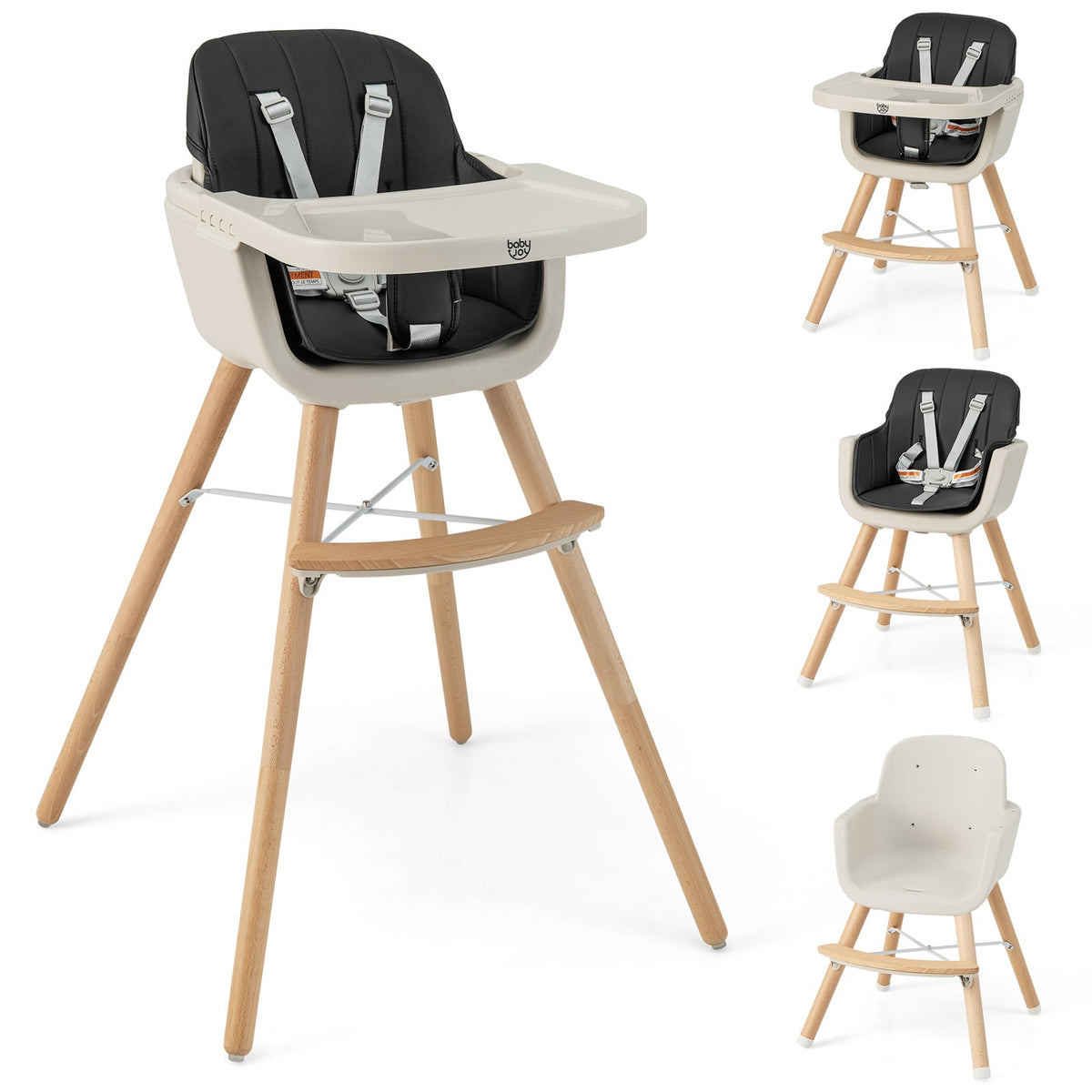3-in-1 Convertible Wooden High Chair with Cushion-Black-High Chairs-DECOROLALA