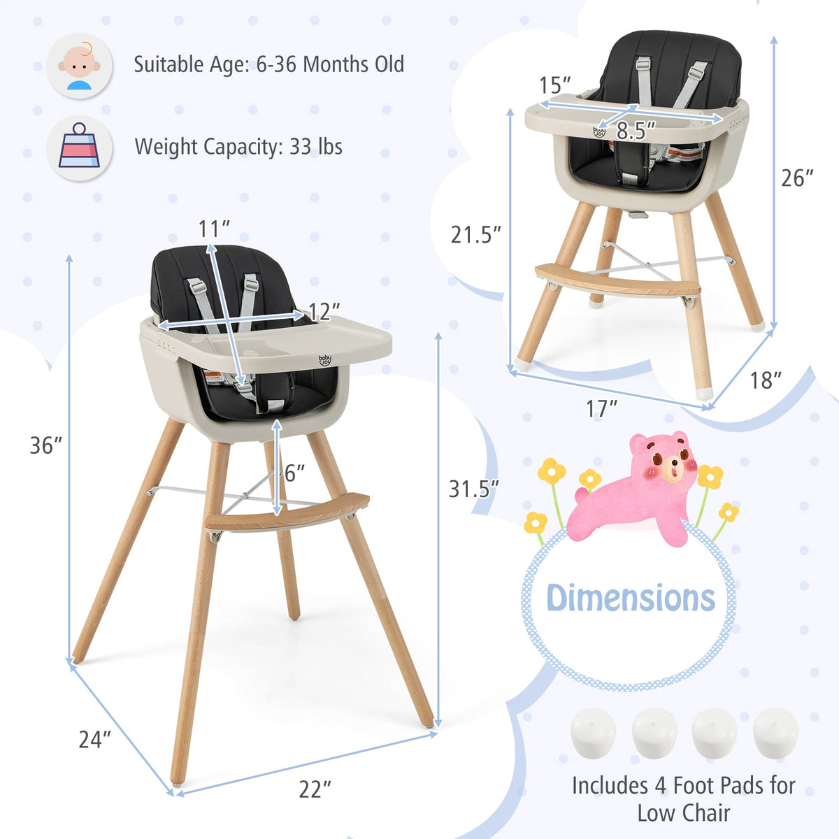 3-in-1 Convertible Wooden High Chair with Cushion-Black-High Chairs-DECOROLALA