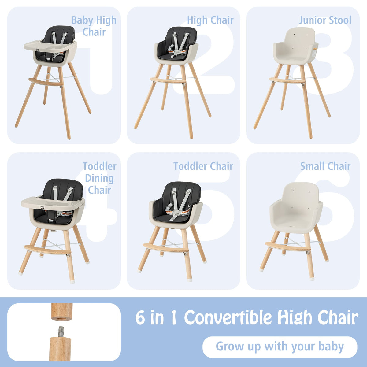 3-in-1 Convertible Wooden High Chair with Cushion-Black-High Chairs-DECOROLALA