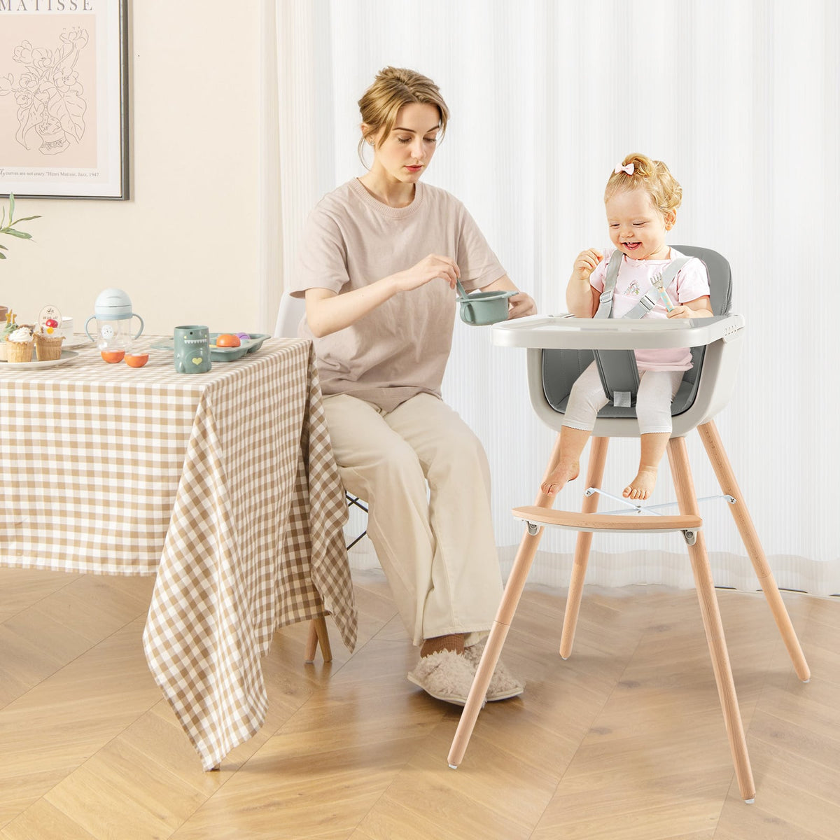 3-in-1 Convertible Wooden High Chair with Cushion-Gray-High Chairs-DECOROLALA