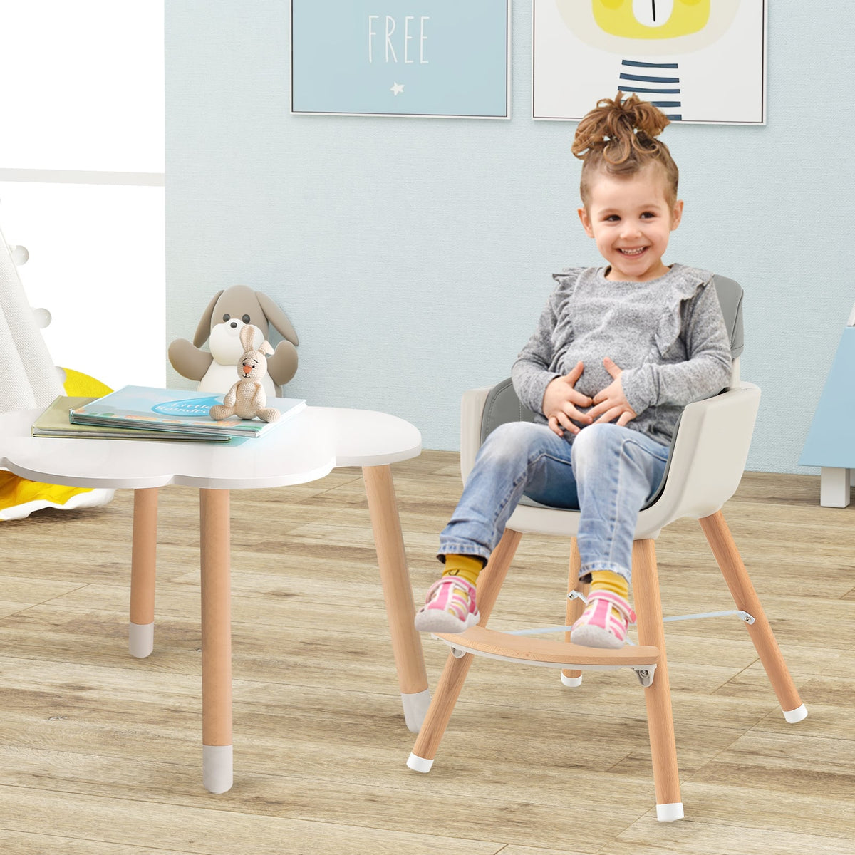 3-in-1 Convertible Wooden High Chair with Cushion-Gray-High Chairs-DECOROLALA