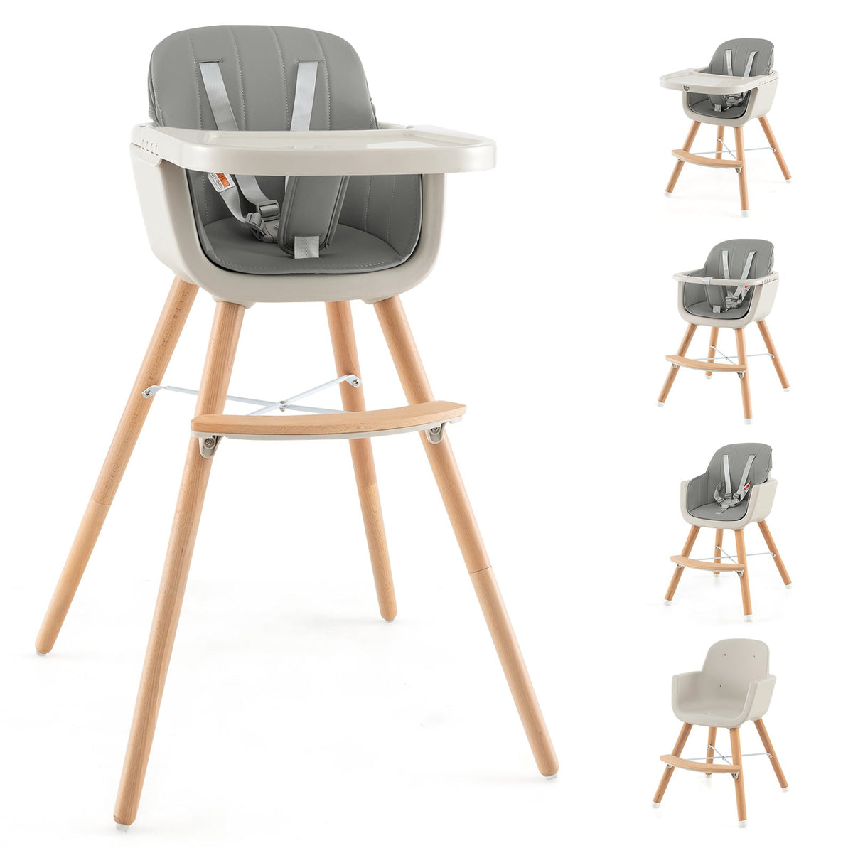 3-in-1 Convertible Wooden High Chair with Cushion-Gray-High Chairs-DECOROLALA