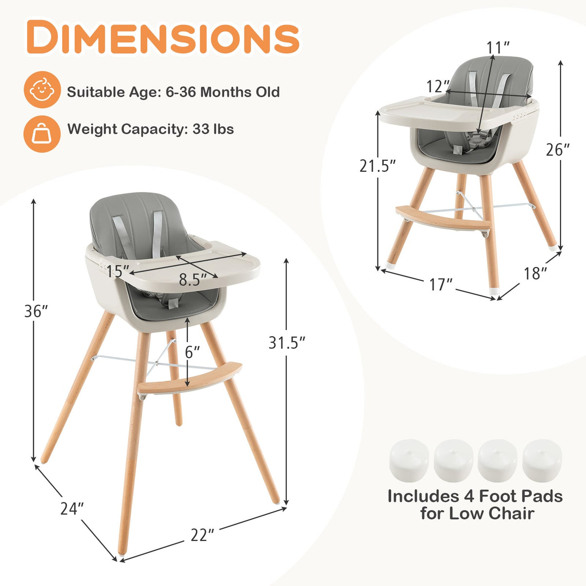 3-in-1 Convertible Wooden High Chair with Cushion-Gray-High Chairs-DECOROLALA