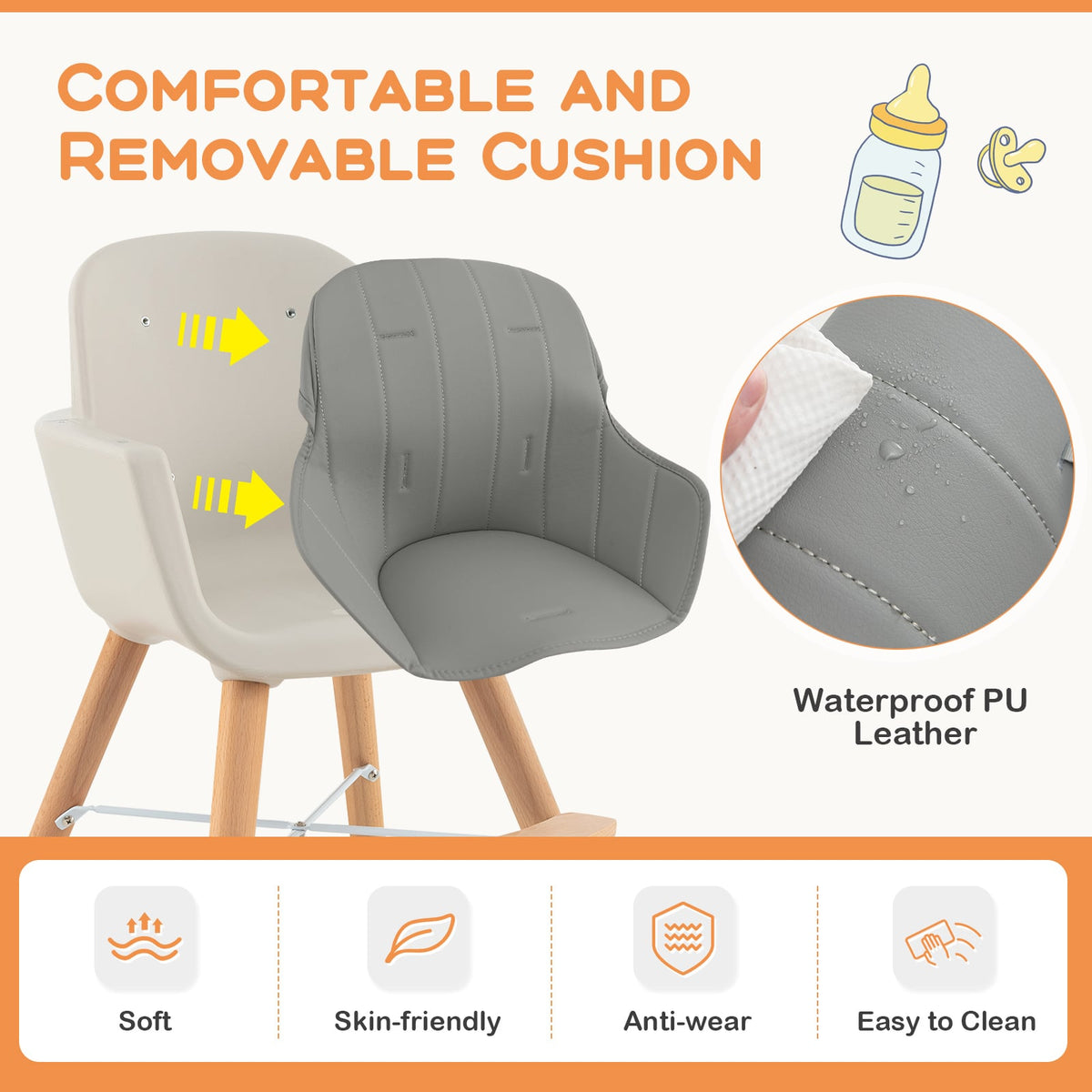 3-in-1 Convertible Wooden High Chair with Cushion-Gray-High Chairs-DECOROLALA