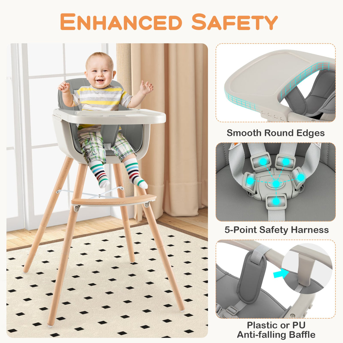 3-in-1 Convertible Wooden High Chair with Cushion-Gray-High Chairs-DECOROLALA