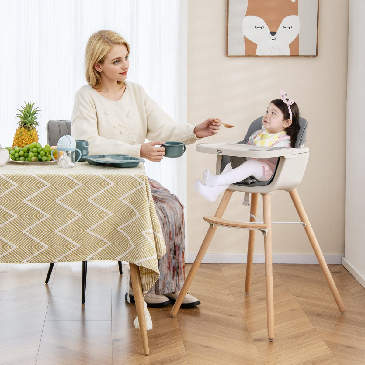 3-in-1 Convertible Wooden High Chair with Cushion-Light Gray-High Chairs-DECOROLALA