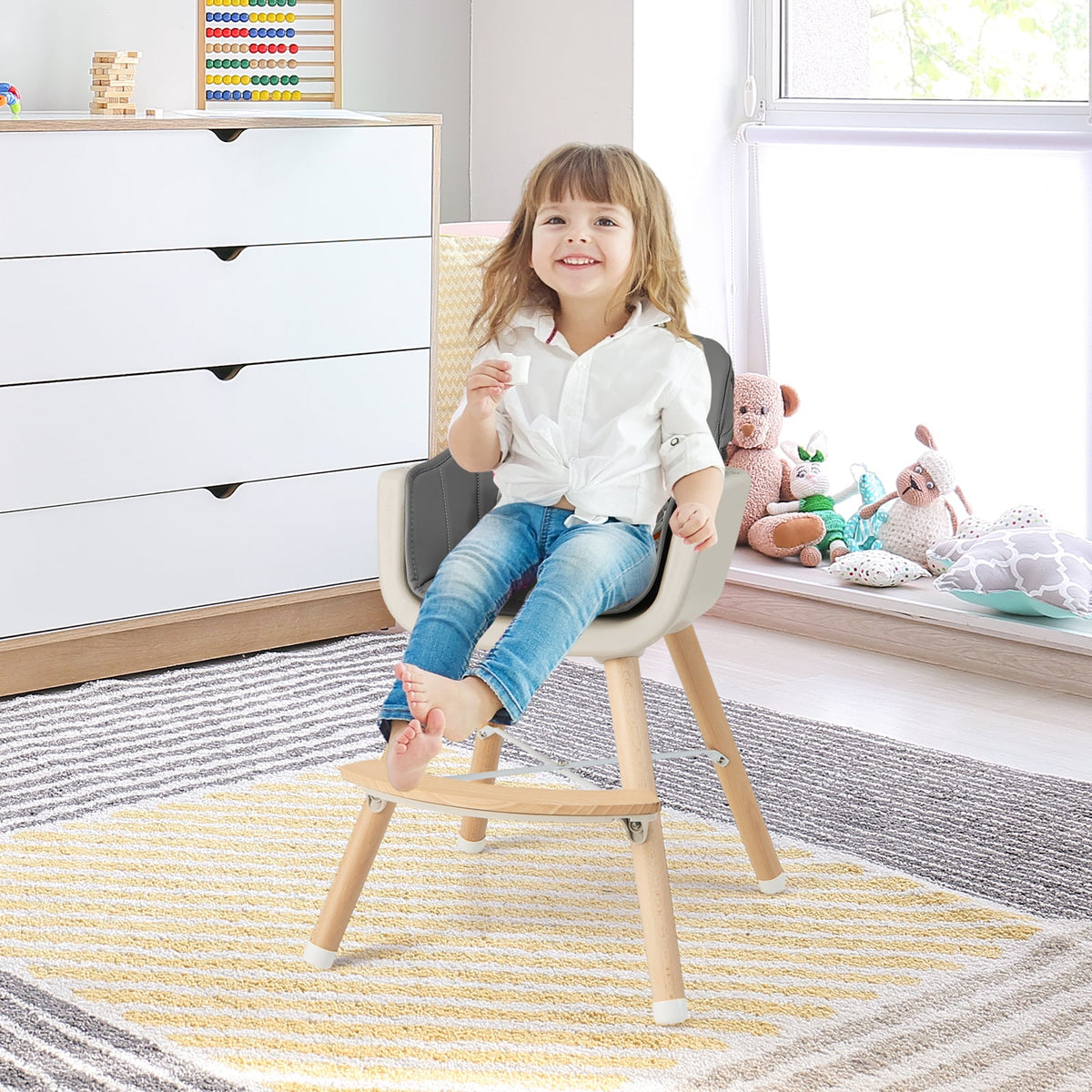 3-in-1 Convertible Wooden High Chair with Cushion-Light Gray-High Chairs-DECOROLALA