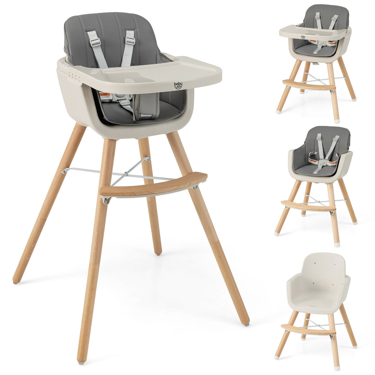 3-in-1 Convertible Wooden High Chair with Cushion-Light Gray-High Chairs-DECOROLALA