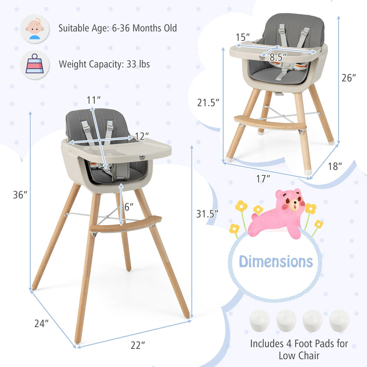 3-in-1 Convertible Wooden High Chair with Cushion-Light Gray-High Chairs-DECOROLALA
