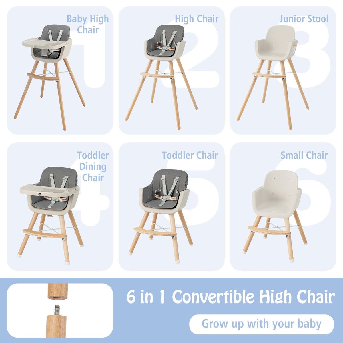 3-in-1 Convertible Wooden High Chair with Cushion-Light Gray-High Chairs-DECOROLALA