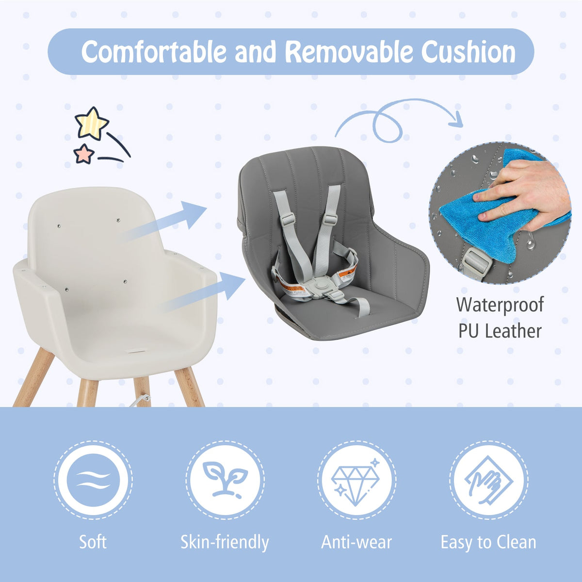 3-in-1 Convertible Wooden High Chair with Cushion-Light Gray-High Chairs-DECOROLALA