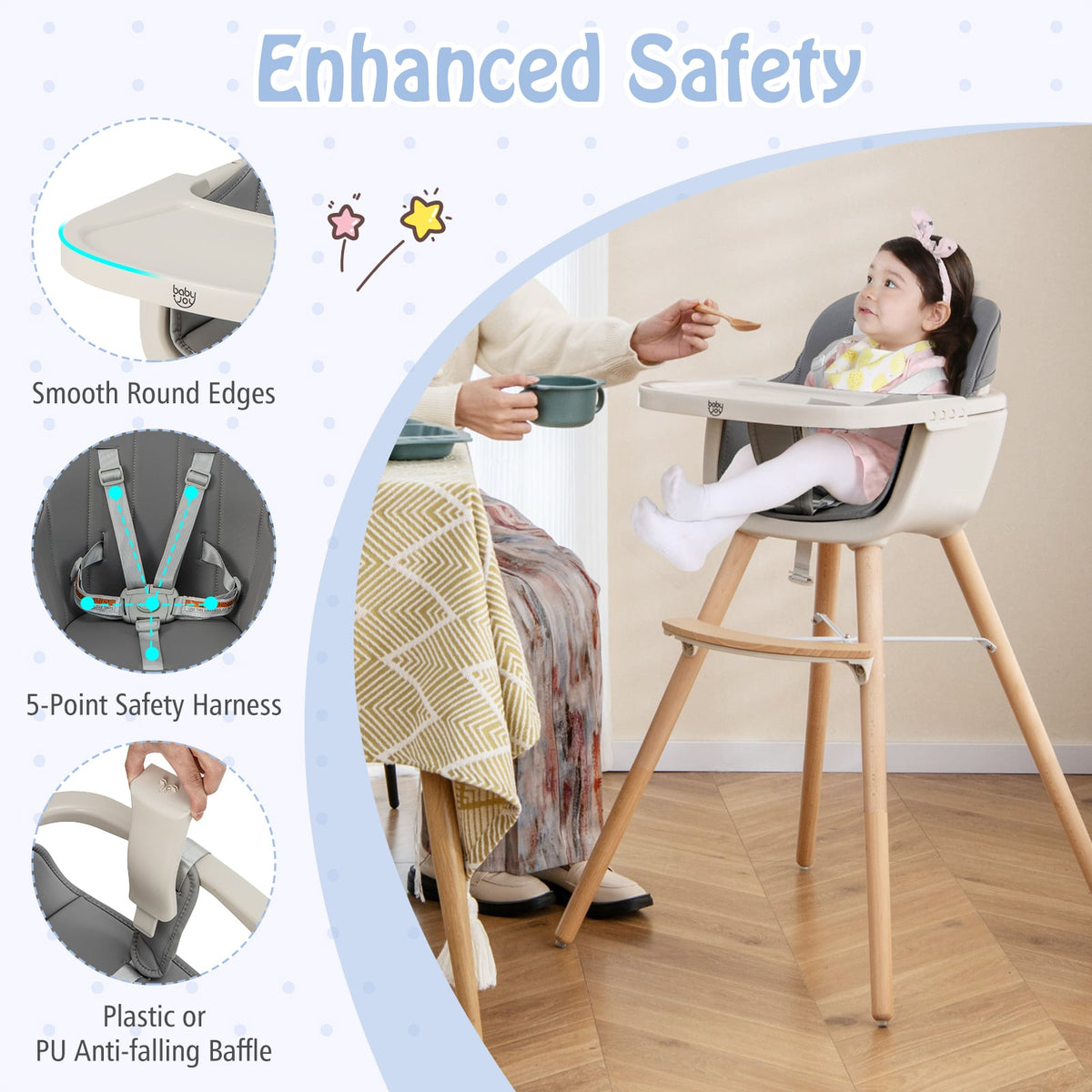 3-in-1 Convertible Wooden High Chair with Cushion-Light Gray-High Chairs-DECOROLALA