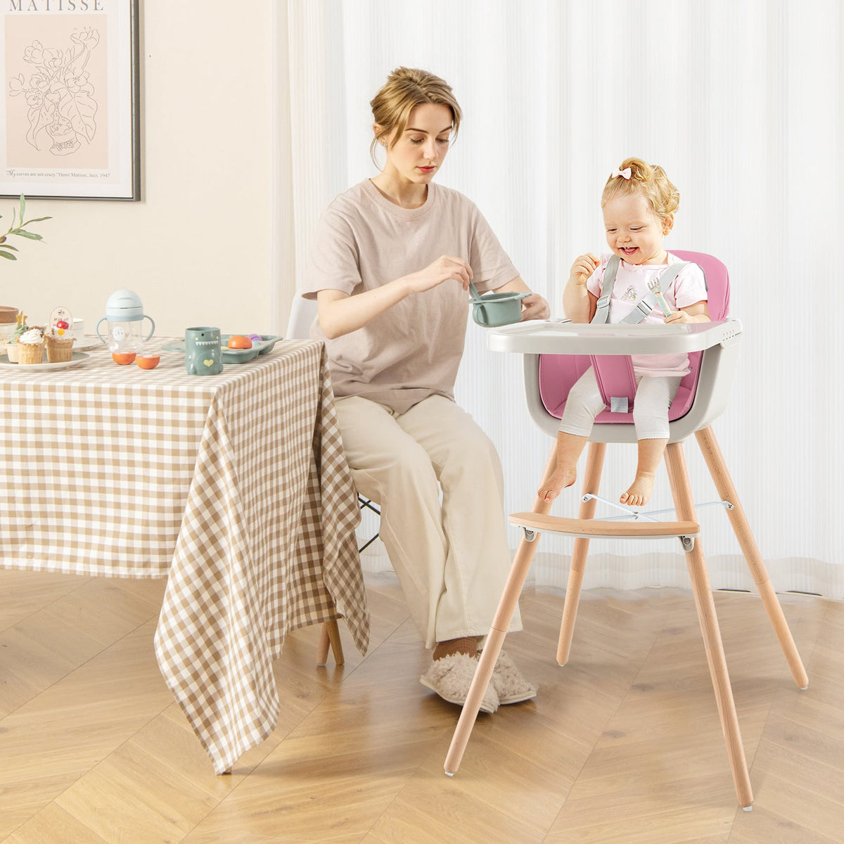 3-in-1 Convertible Wooden High Chair with Cushion-Pink-High Chairs-DECOROLALA