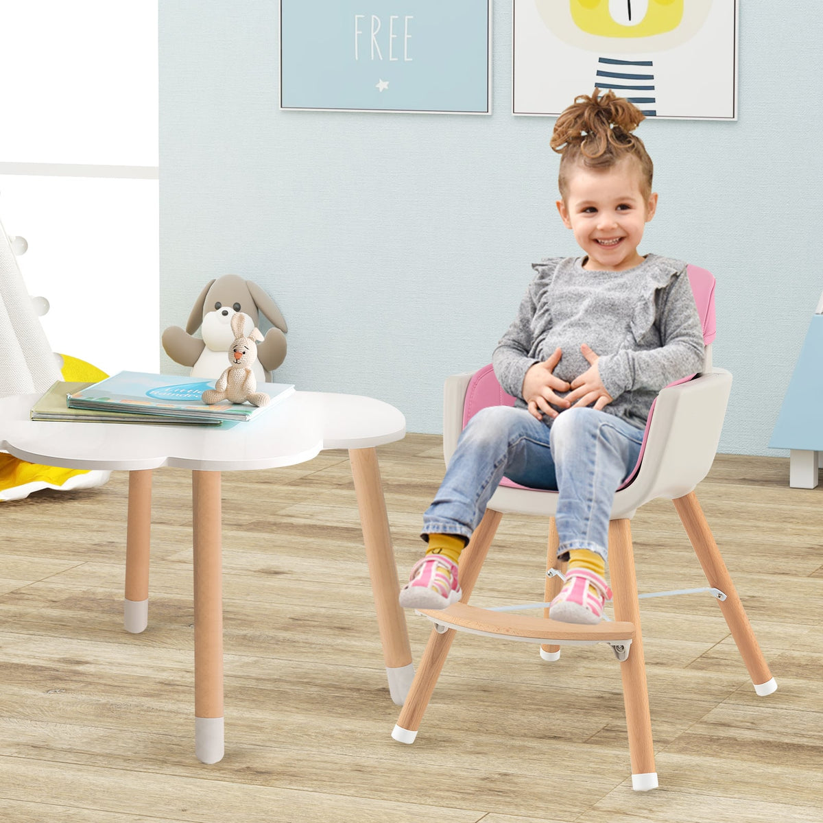 3-in-1 Convertible Wooden High Chair with Cushion-Pink-High Chairs-DECOROLALA