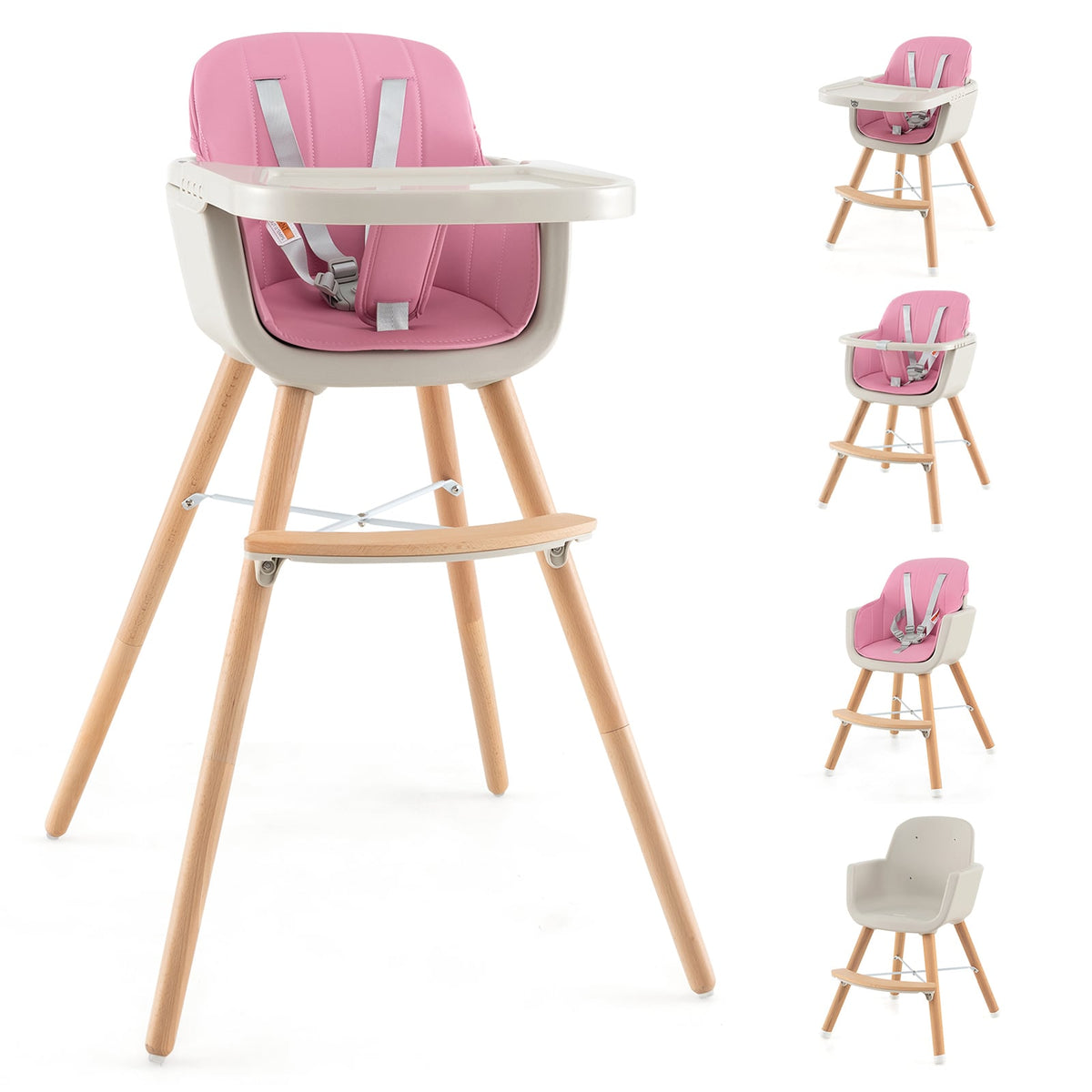 3-in-1 Convertible Wooden High Chair with Cushion-Pink-High Chairs-DECOROLALA