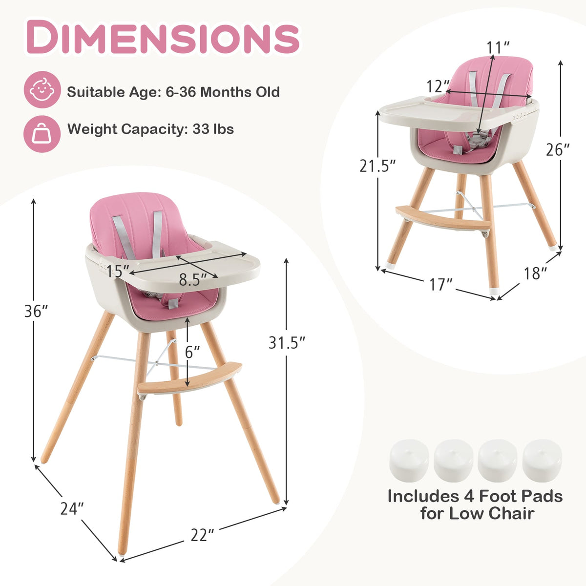 3-in-1 Convertible Wooden High Chair with Cushion-Pink-High Chairs-DECOROLALA