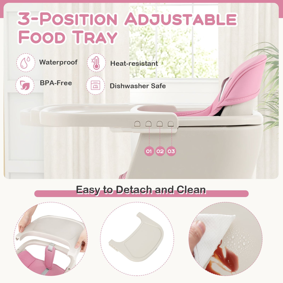 3-in-1 Convertible Wooden High Chair with Cushion-Pink-High Chairs-DECOROLALA