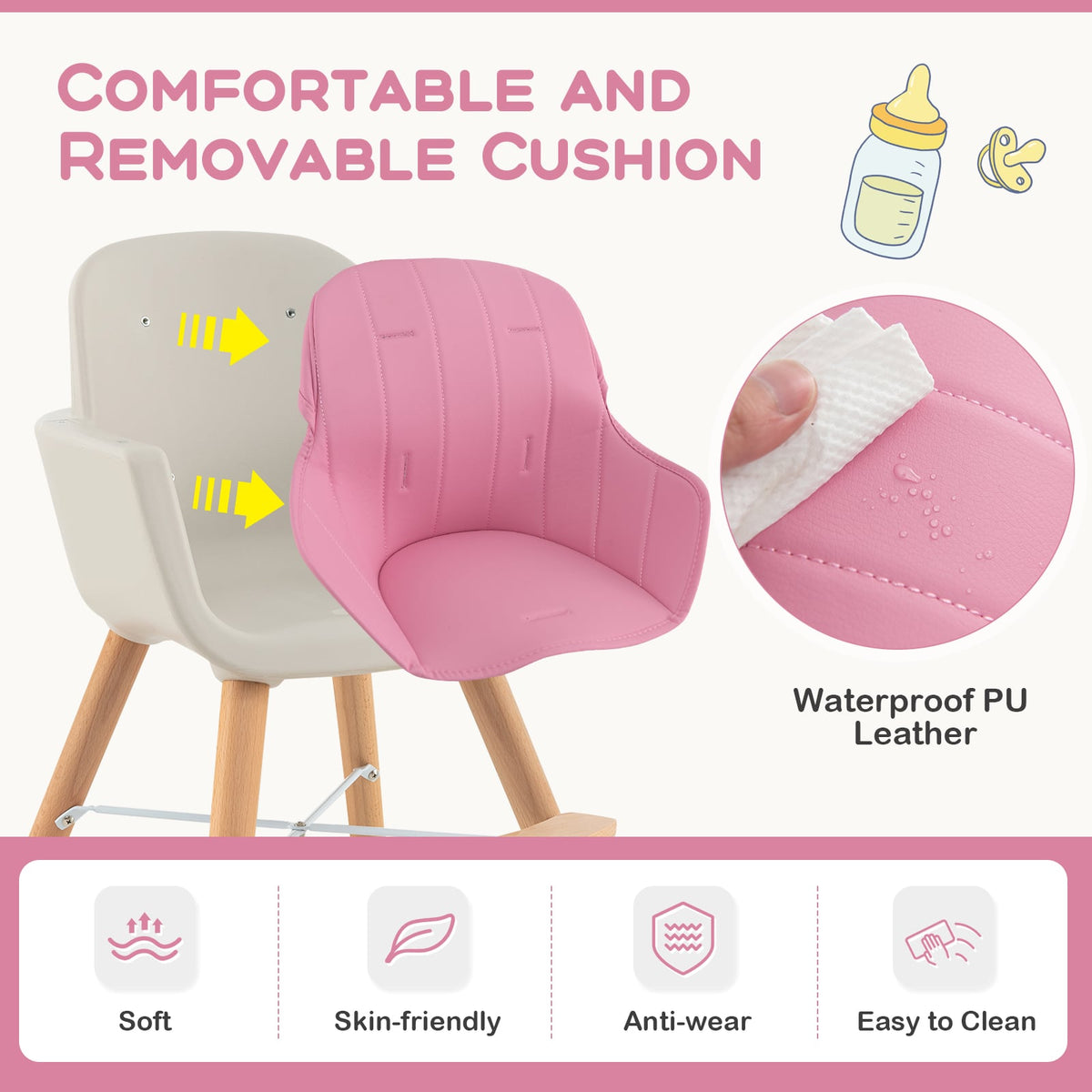 3-in-1 Convertible Wooden High Chair with Cushion-Pink-High Chairs-DECOROLALA