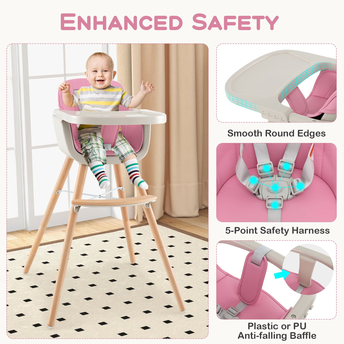 3-in-1 Convertible Wooden High Chair with Cushion-Pink-High Chairs-DECOROLALA