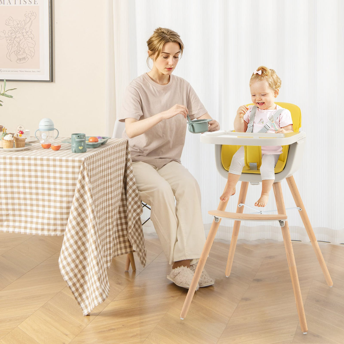 3-in-1 Convertible Wooden High Chair with Cushion-Yellow-High Chairs-DECOROLALA