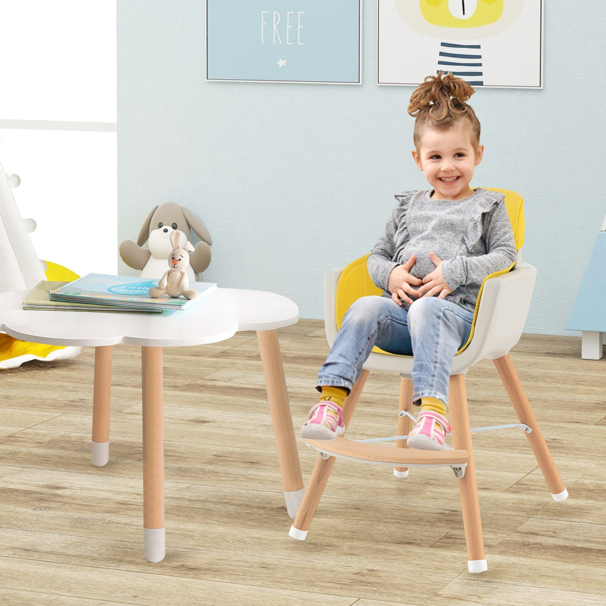 3-in-1 Convertible Wooden High Chair with Cushion-Yellow-High Chairs-DECOROLALA