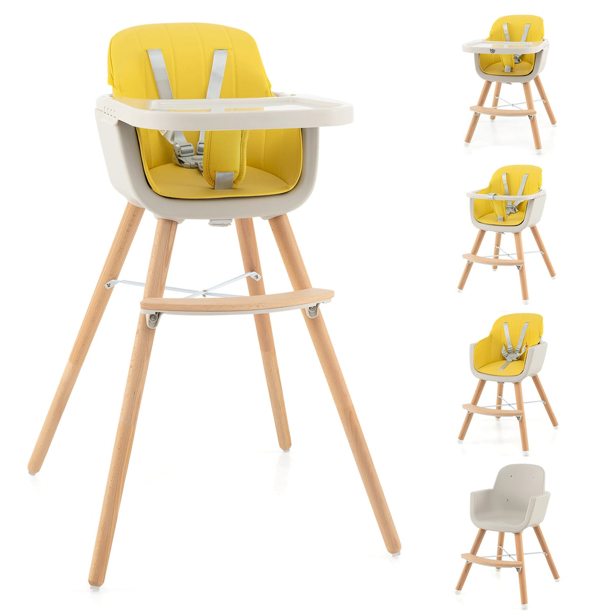 3-in-1 Convertible Wooden High Chair with Cushion-Yellow-High Chairs-DECOROLALA