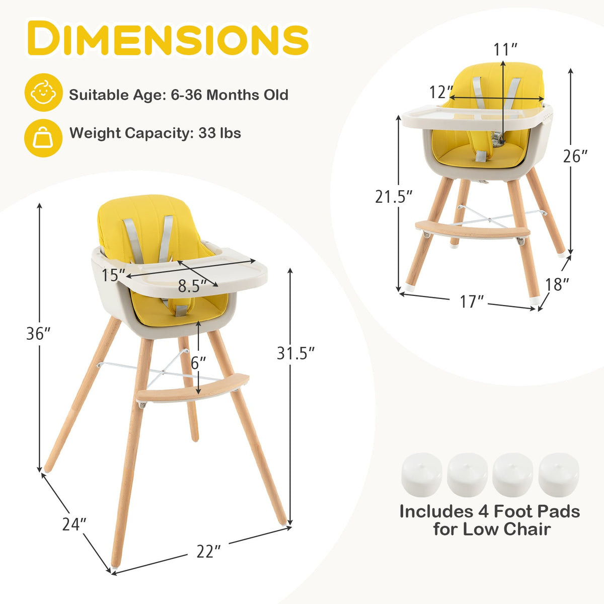 3-in-1 Convertible Wooden High Chair with Cushion-Yellow-High Chairs-DECOROLALA