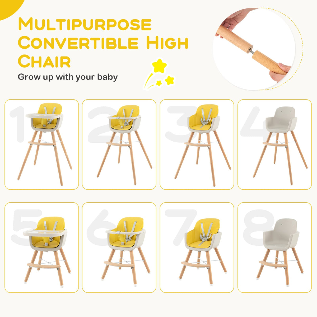 3-in-1 Convertible Wooden High Chair with Cushion-Yellow-High Chairs-DECOROLALA