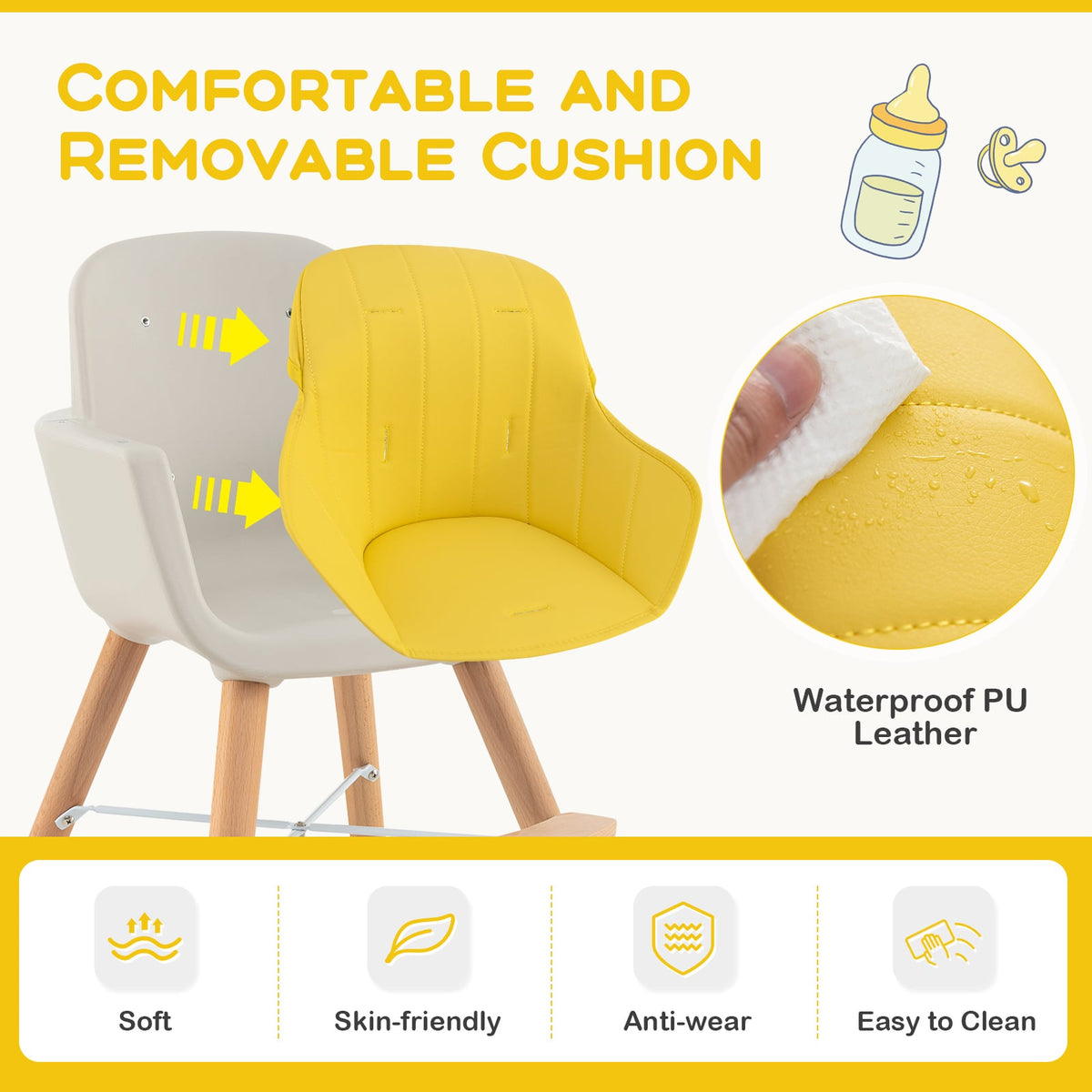 3-in-1 Convertible Wooden High Chair with Cushion-Yellow-High Chairs-DECOROLALA