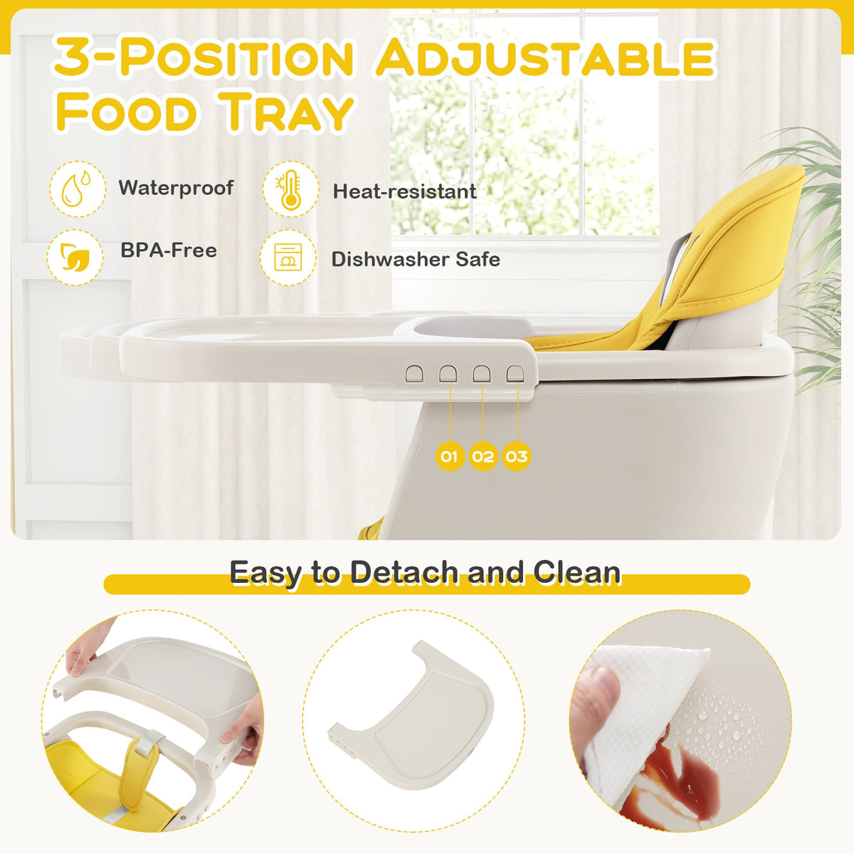 3-in-1 Convertible Wooden High Chair with Cushion-Yellow-High Chairs-DECOROLALA