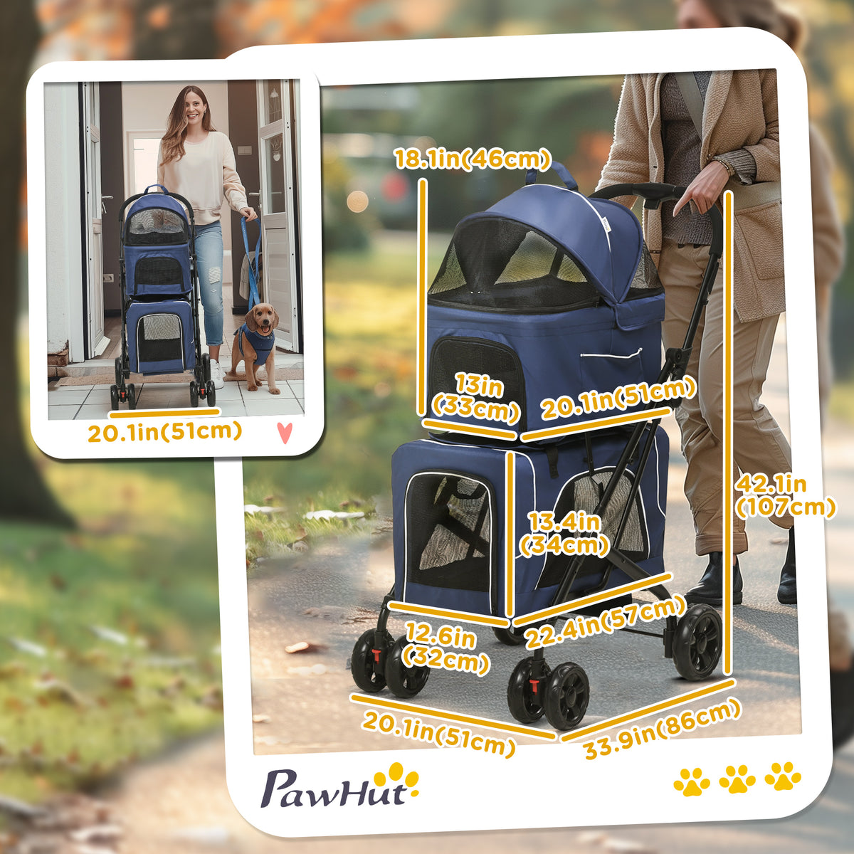 3-in-1 Double Pet Stroller with Removable Carriers - Blue-Dogs-DECOROLALA