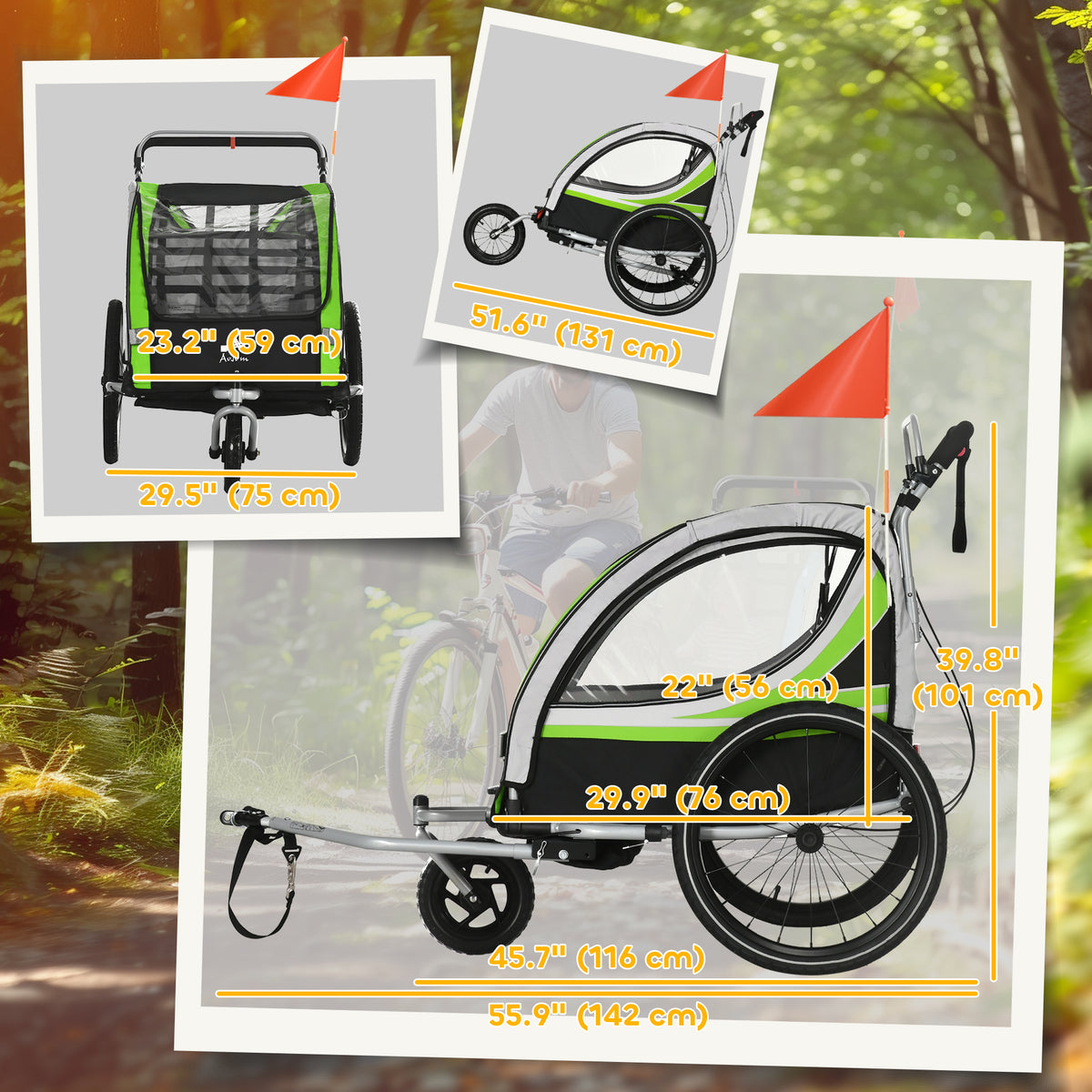 3-in-1 Double Seat Bike Trailer & Jogging Stroller - Green-Kids Bicycle Trailers-DECOROLALA